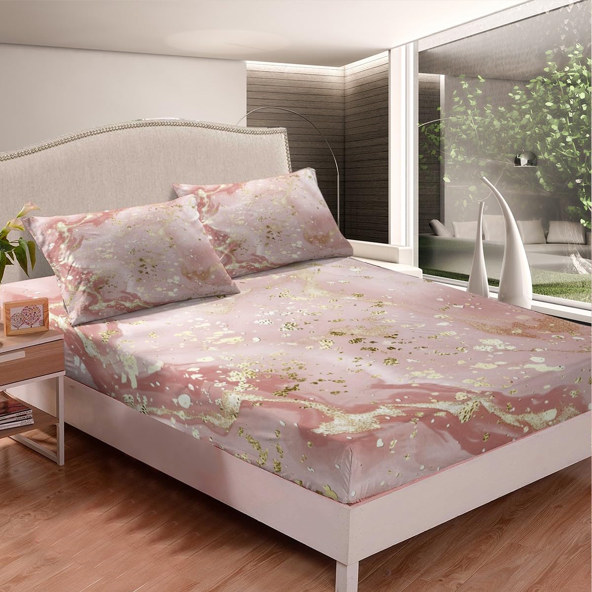 Abstract Marble Texture Pink & Gold Sequins Bed Sheet Set - Twin Size Microfiber Fitted Sheet & Pillowcase (2pc) for Modern Bedroom Decor | Soft Luxury Bedding for Teens, Dorms & Guest Rooms