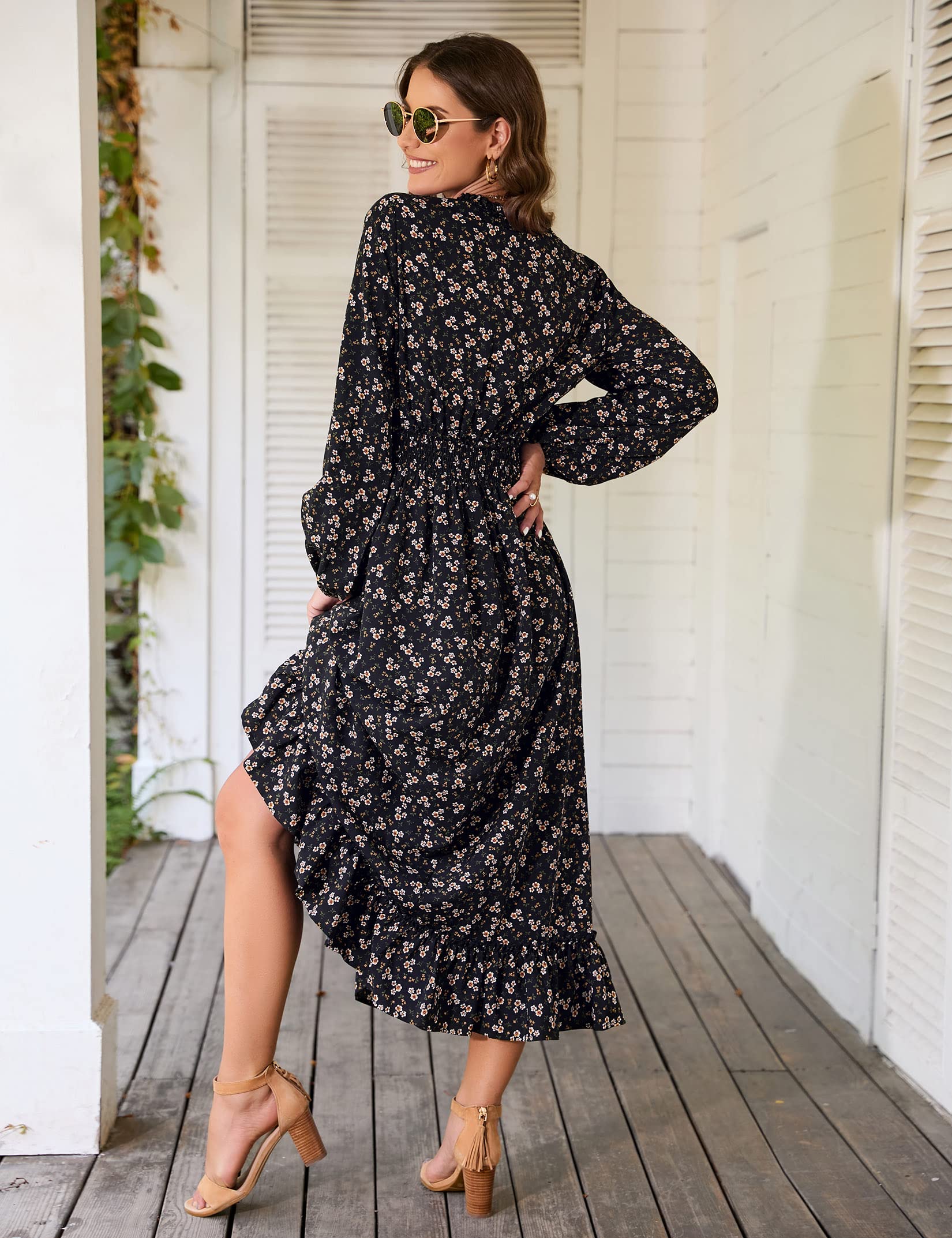 MISSKY Women's Casual V-Neck Boho Floral Print Maxi Dress - Bohemian Flowy Wedding Guest Dress for Beach, Party & Summer Vacations
