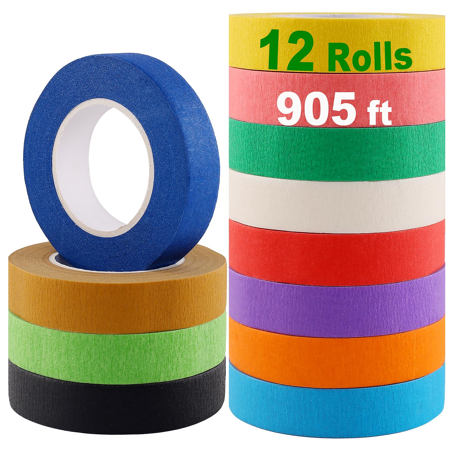 Colored Masking Tape - 12 Rolls Rainbow Painters Tape, 0.6Inch x 25Yards Colorful Craft Paper Tape for Kids DIY, Arts & Crafts, Labeling, Classroom Decor, Scrapbooking, Gift Wrapping, Office Organization