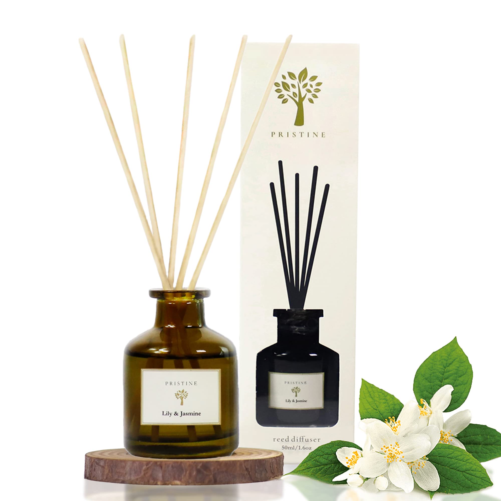 PRISTINE Lily & Jasmine Reed Diffusers Set - Long Lasting Home Fragrance Oil with Natural Rattan Reeds | Perfect for Living Room, Bedroom & Bathroom Aromatherapy | Fresh Lily of Valley & Jasmine Scent for Relaxation & Stress Relief