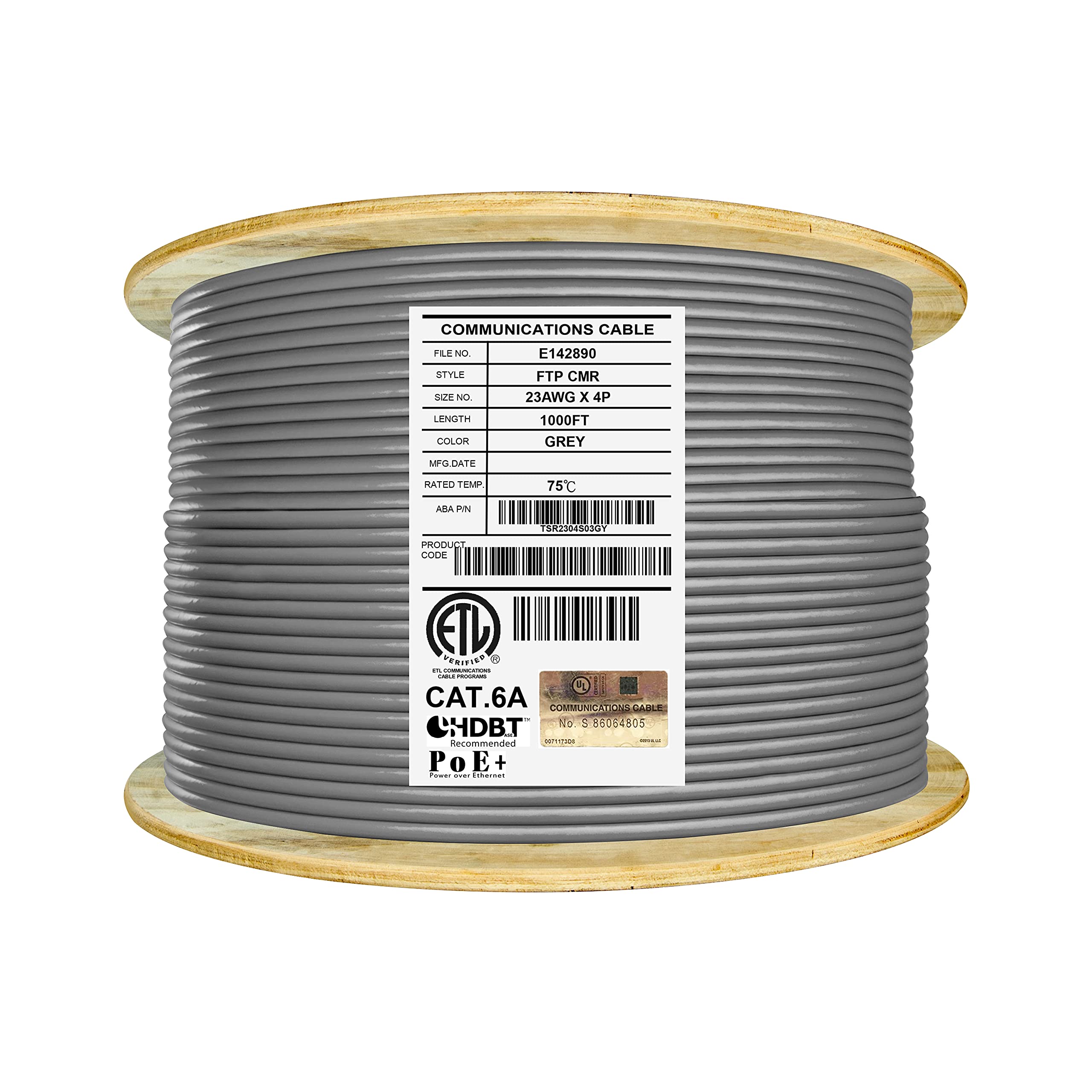 Elite Cat6A Shielded Riser (CMR) Ethernet Cable - 1000ft, 23AWG FTP Solid Bare Copper, 650MHz, 10Gbps Speed, UL Listed & UL-LP Certified, High-Performance PoE, Bulk Grey Cable Reel for Home/Office Networking & Data Centers
