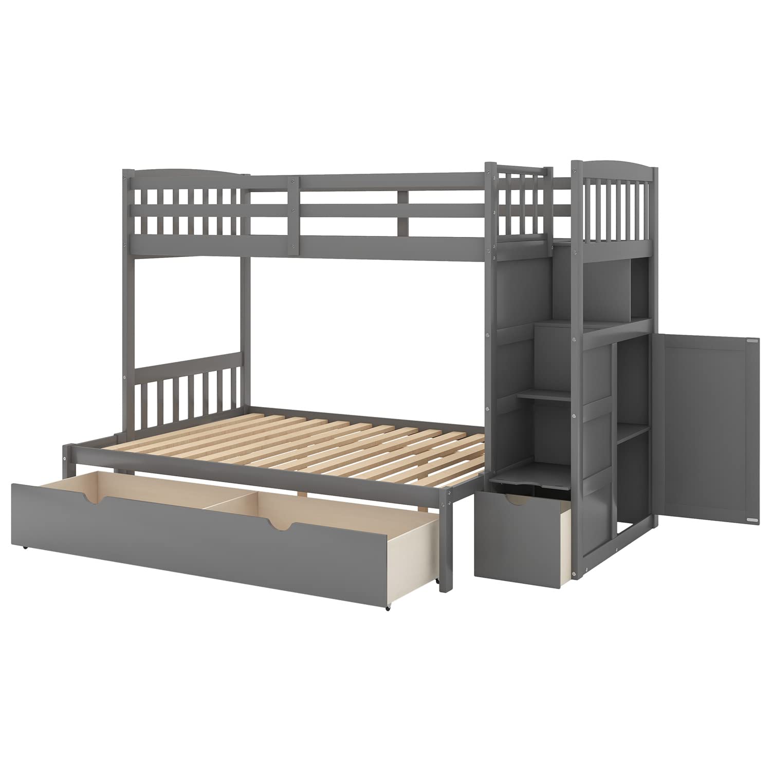 JINS&VICO Twin Over Twin/Full Bunk Bed with Convertible Bottom Bed, Storage Cabinet & 2 Drawers - Space-Saving Wooden Bunk Bed Frame with Staircase in Gray - Perfect for Kids' Bedrooms, Guest Rooms & Small Spaces