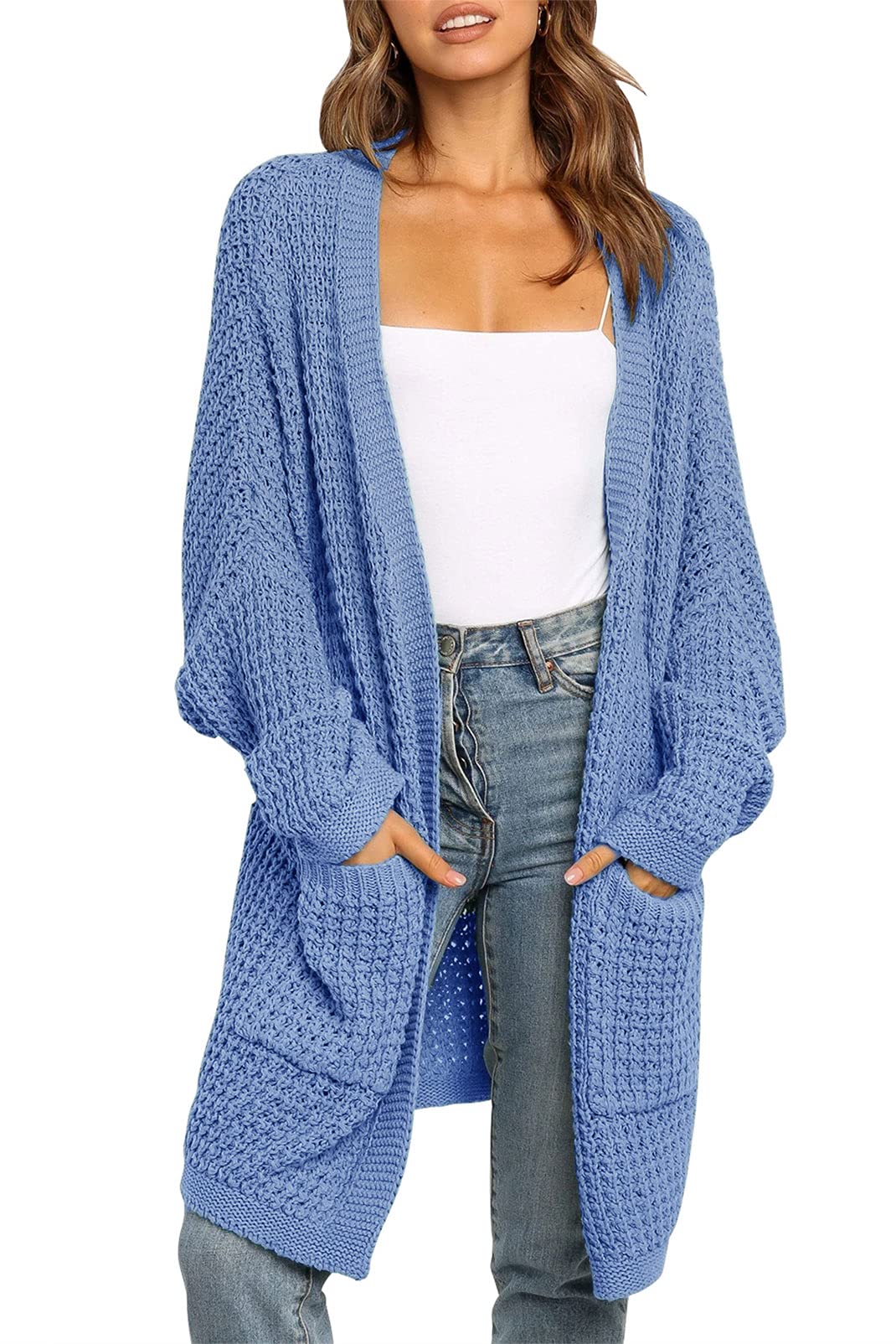 MEROKEETY Women's Oversized Long Cardigan Sweater - Batwing Sleeve Waffle Knit Open Front Coat for Casual Outfits & Loungewear | Perfect for Fall, Winter & Layering