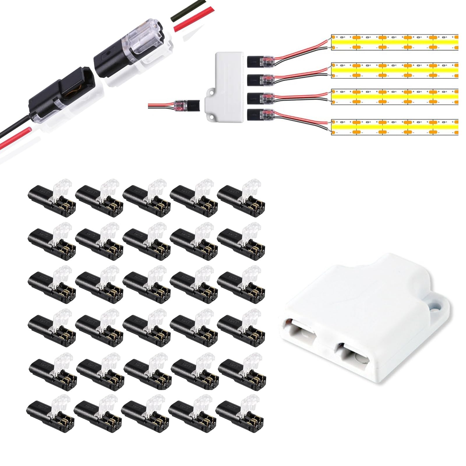 30 Pack Black 2/3/4 Pin Double-Wire Plug-in Connectors with Locking Buckle - Low Voltage LED Wire Connectors for Home Lighting, Landscape Lighting, and DIY Electrical Projects (30PCS 2-Way Connectors)