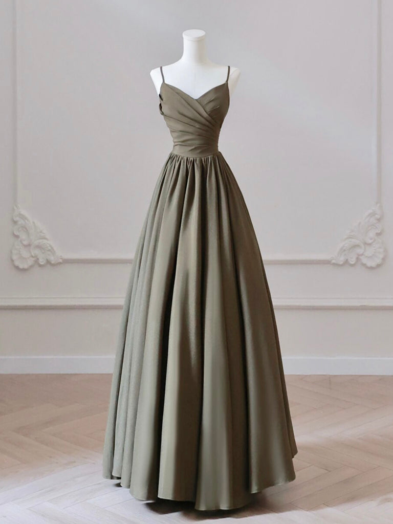 Elegant Olive Green A-Line V-Neck Satin Long Prom Dress for Women - Perfect for Formal Events, Evening Parties & Special Occasions