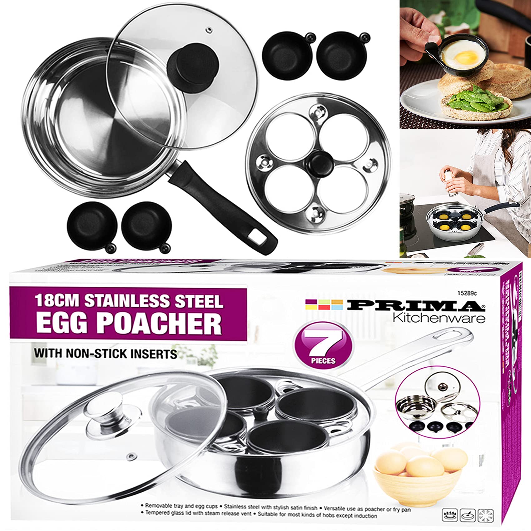 7-Piece PRIMA 18cm Stainless Steel Egg Poacher Set with Glass Lid - Non-Stick Inserts, 4-Hole Boiler, Saucepan & Frying Pan for Perfect Poached Eggs - Ideal for Breakfast, Brunch & Healthy Cooking at Home