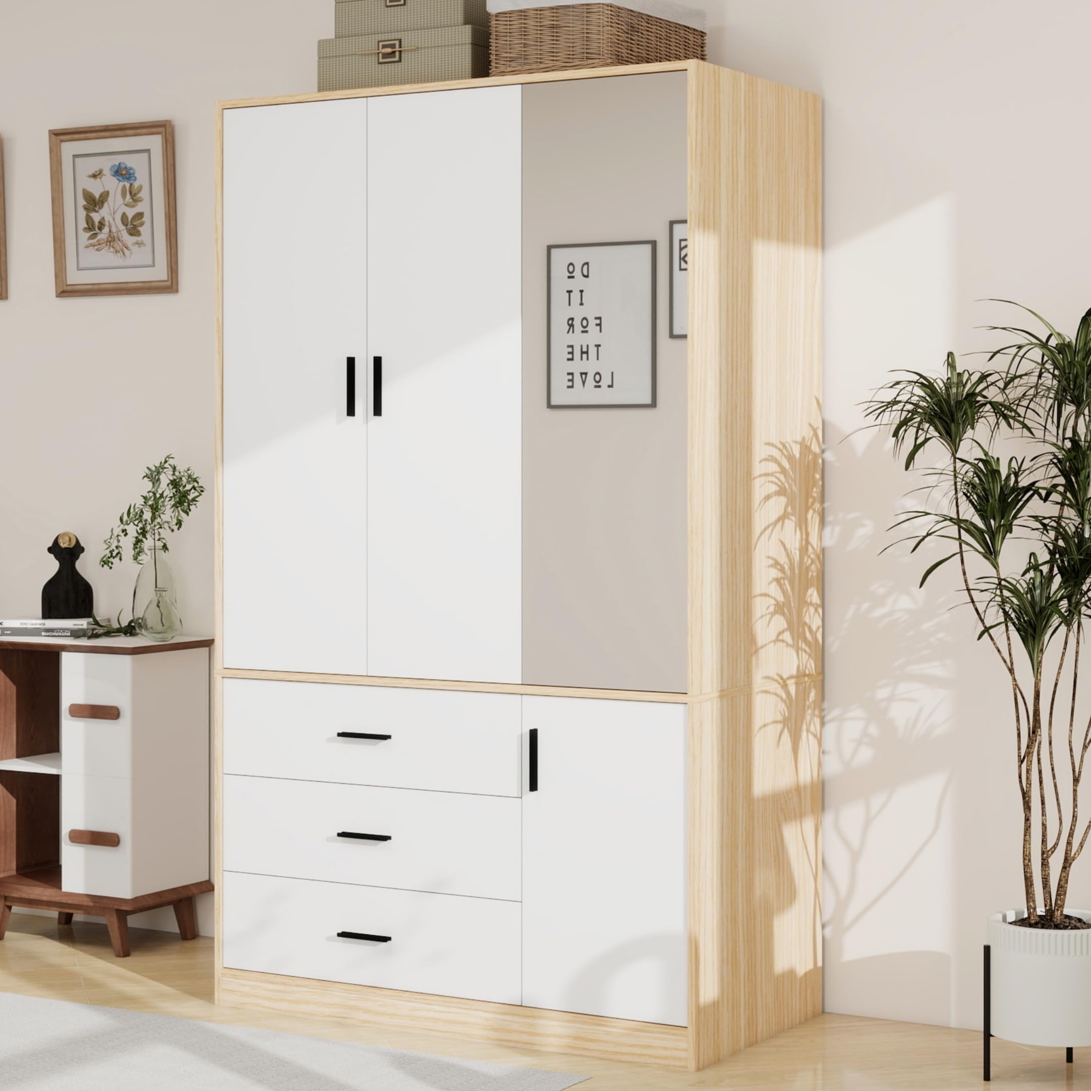 3-Door Wooden Wardrobe Closet with Mirror & 3 Drawers - Freestanding Storage Cabinet with Hanging Rod - Perfect for Bedroom, Guest Room or Dorm Organization