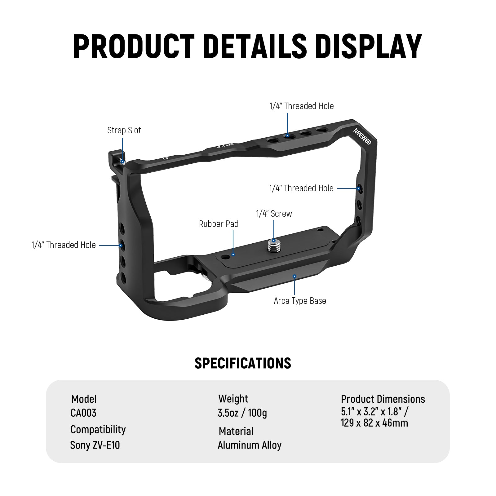 NEEWER CA003 Camera Cage for Sony ZV-E10 - Durable Aluminum Alloy DSLR Rig with Cold Shoe Mount & 1/4