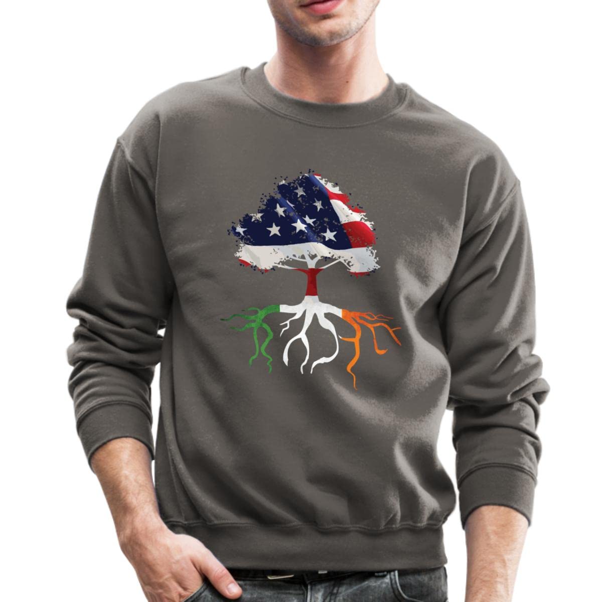 Spreadshirt USA Flag Irish Roots Crewneck Sweatshirt - Patriotic Irish American Heritage Apparel for Men & Women | Perfect for St. Patrick's Day, Family Reunions & Cultural Celebrations