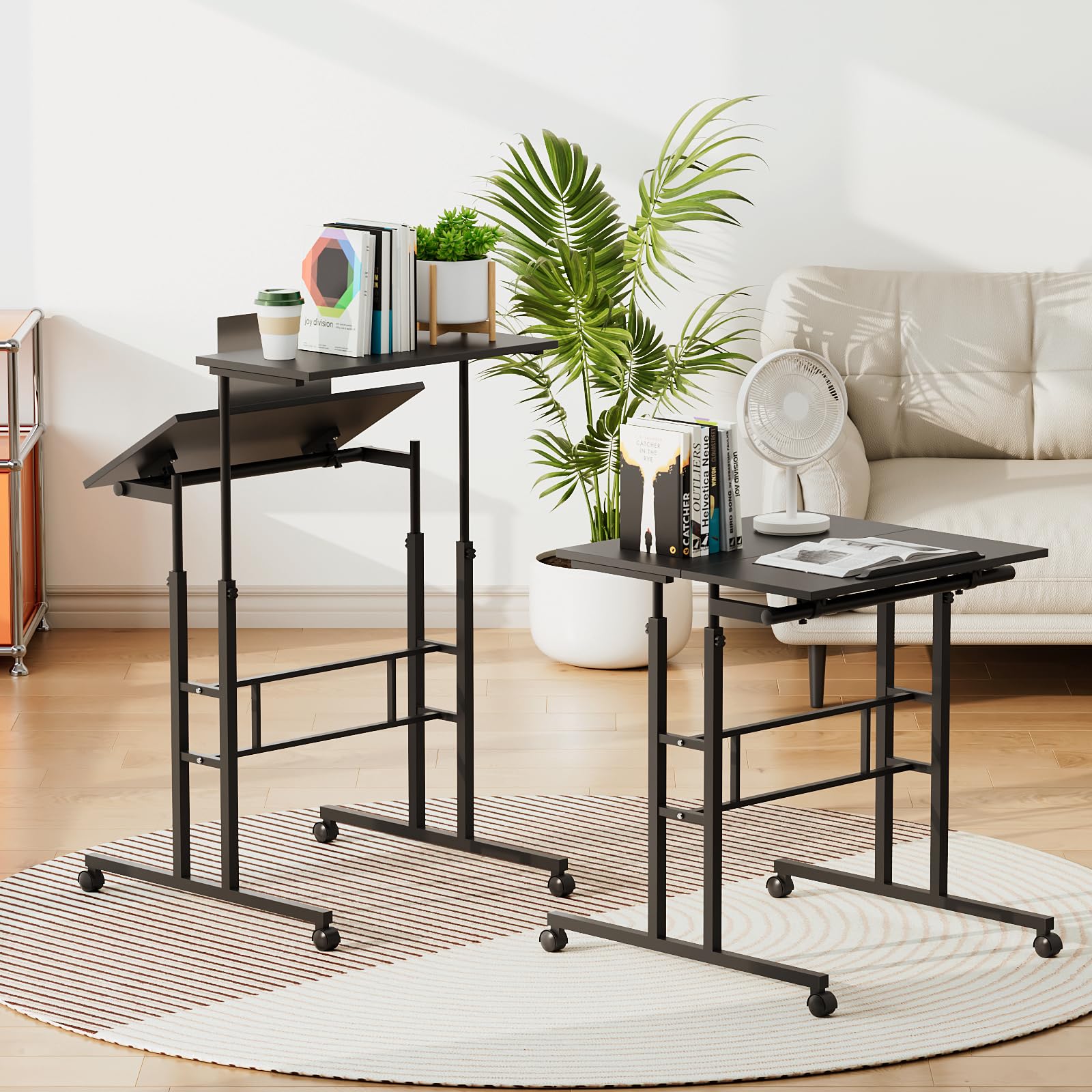 Adjustable Height Rolling Desk - Mobile Portable Laptop Stand Cart with Wheels, Small Sit to Stand Computer Table Workstation for Home Office (Black) | Perfect for Remote Work, Small Spaces & Ergonomic Workspaces