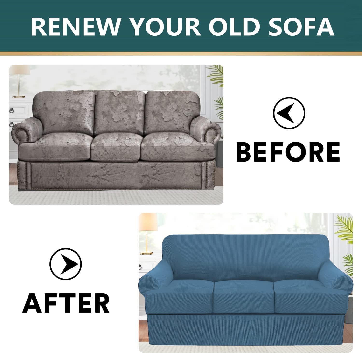 Stretch Sofa Cover Slipcover - Soft Jacquard Knitted Furniture Protector with Non-Slip Design & 3 T-Cushion Covers for Couch, Sofa Bed - Perfect for Living Room, Home Decor (Blue)