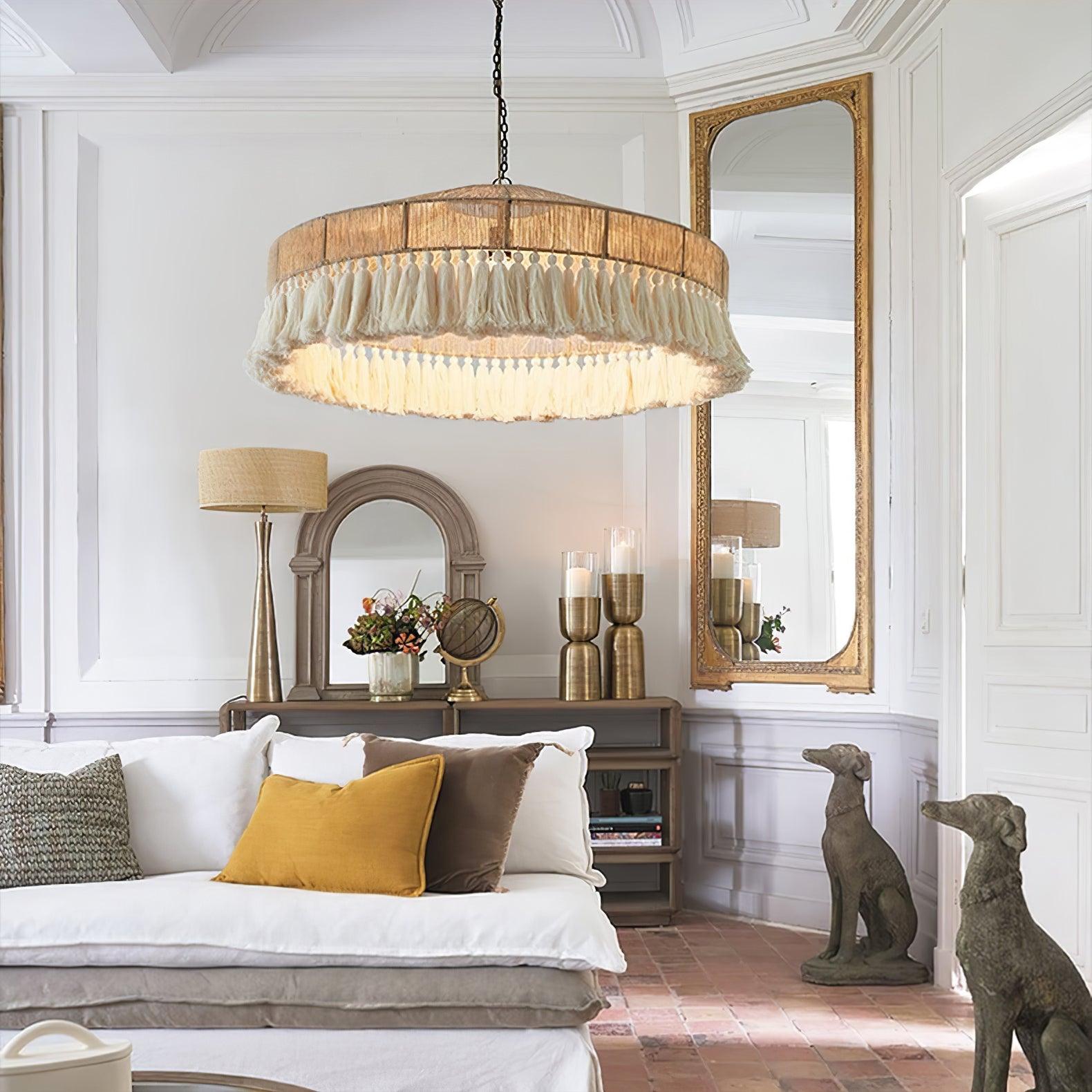 Bohemian Fringe Pendant Lamp - Handmade Macrame Hanging Light Fixture for Bedroom, Living Room & Boho Home Decor - Perfect for Cozy Reading Nooks and Dining Areas