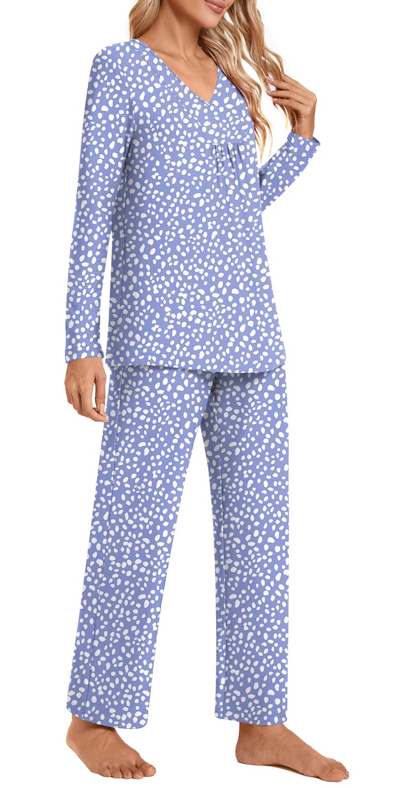 POPYOUNG Women's Fall Pajama Sets - 2 Piece V-Neck Long Sleeve Sleepwear & Lounge PJS for Cozy Nights, Relaxing at Home, and Gift Giving