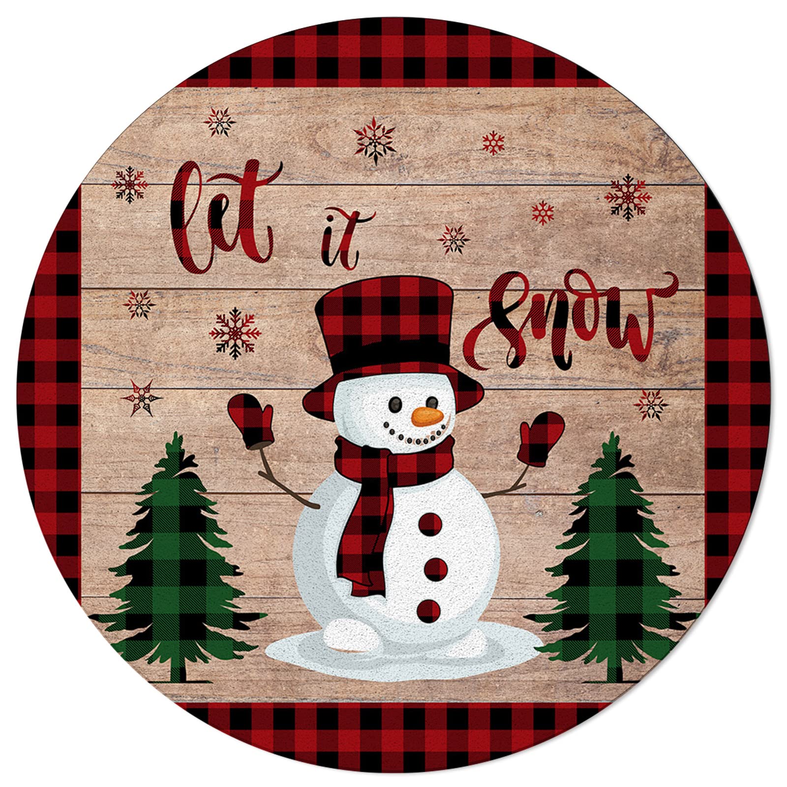 Christmas Plaid Round Area Rug - Red & Black Snowman & Xmas Tree Design on Retro Wood Grain - Soft Non-Slip Indoor Carpet for Living Room, Dining, Bedroom, Kids Room - Perfect for Holiday Decor & Cozy Home Gatherings (4 Feet)