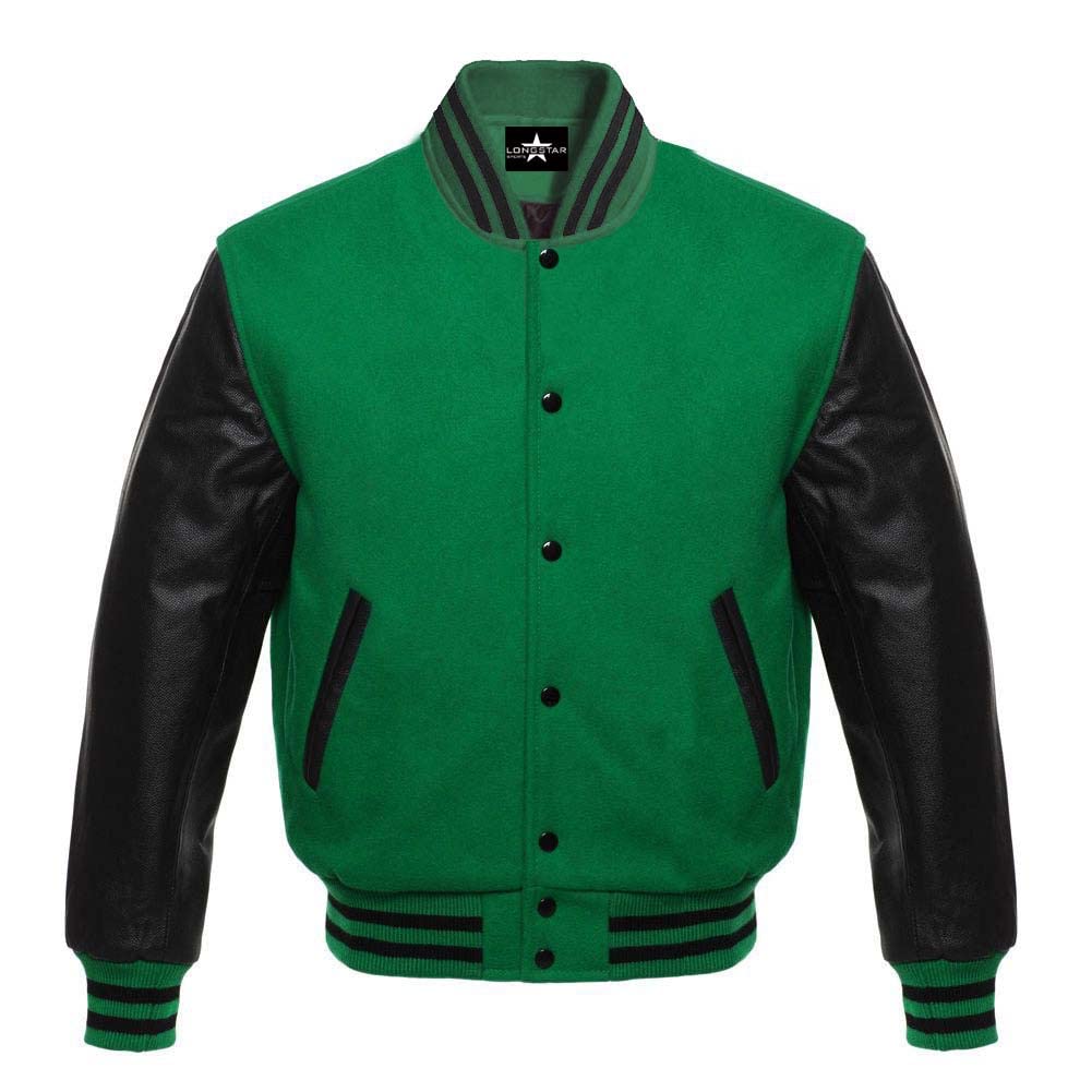 Varsity Letterman Baseball Jacket - Genuine Leather Sleeves & Wool Body - Multiple Colors for School Sports & Casual Wear