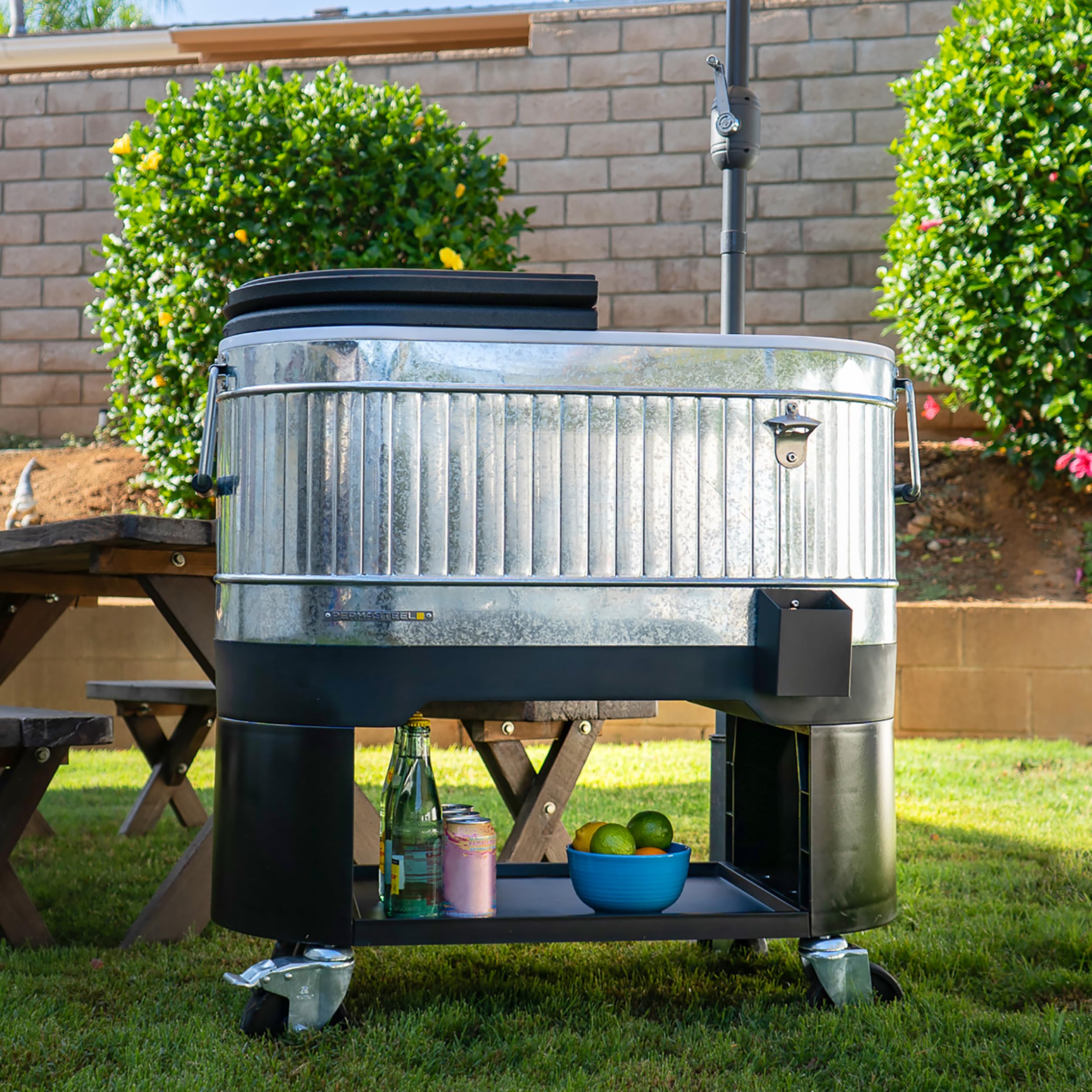 Permasteel 120-Qt Rolling Ice Chest Cooler with Wheels - Portable Outdoor Party Drink Cooler Cart with Dividers - Galvanized Steel for BBQs, Tailgating, Camping & Indoor Entertaining