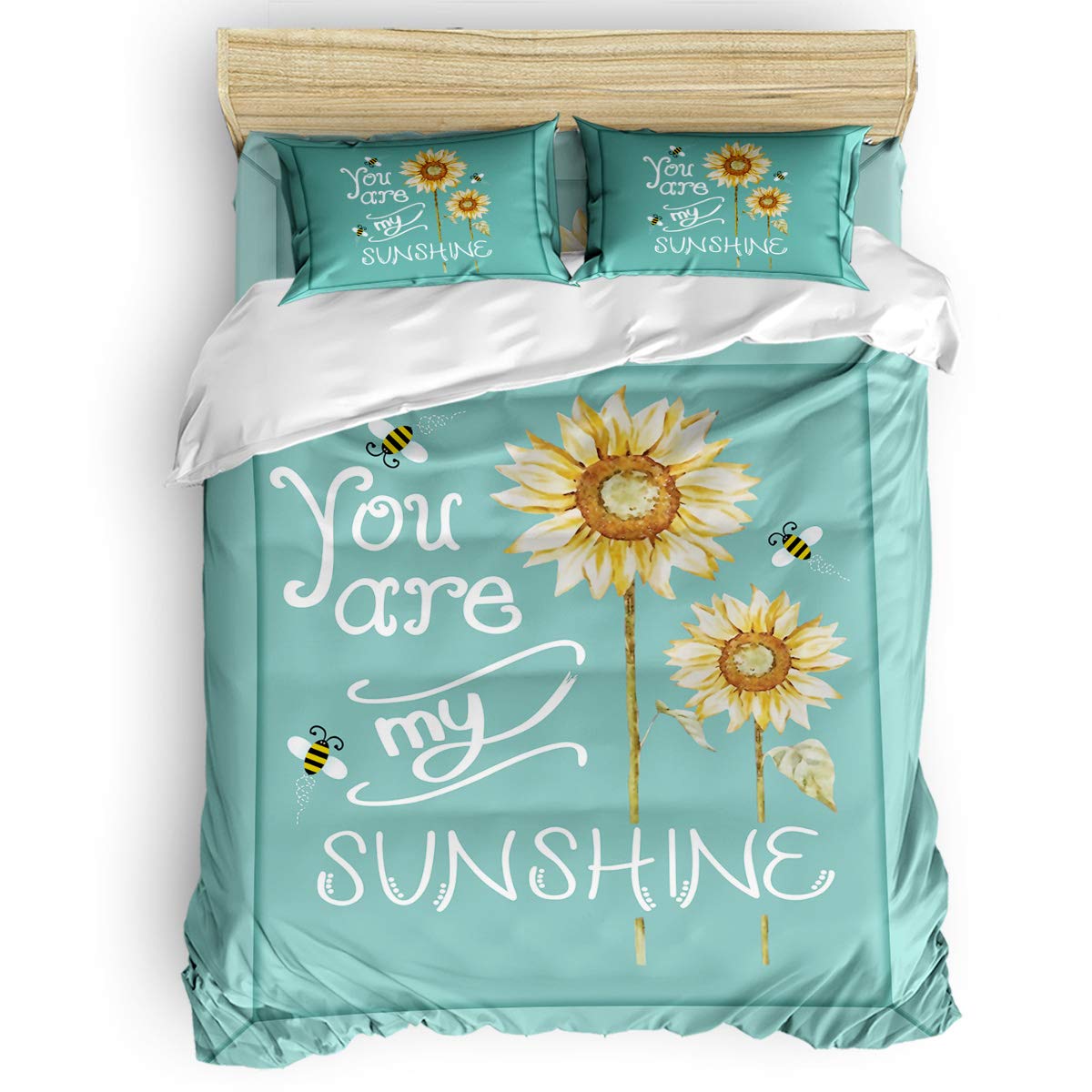 Twin Size 4-Piece Duvet Cover Set with Hidden Zipper - Colorful Sunflower 