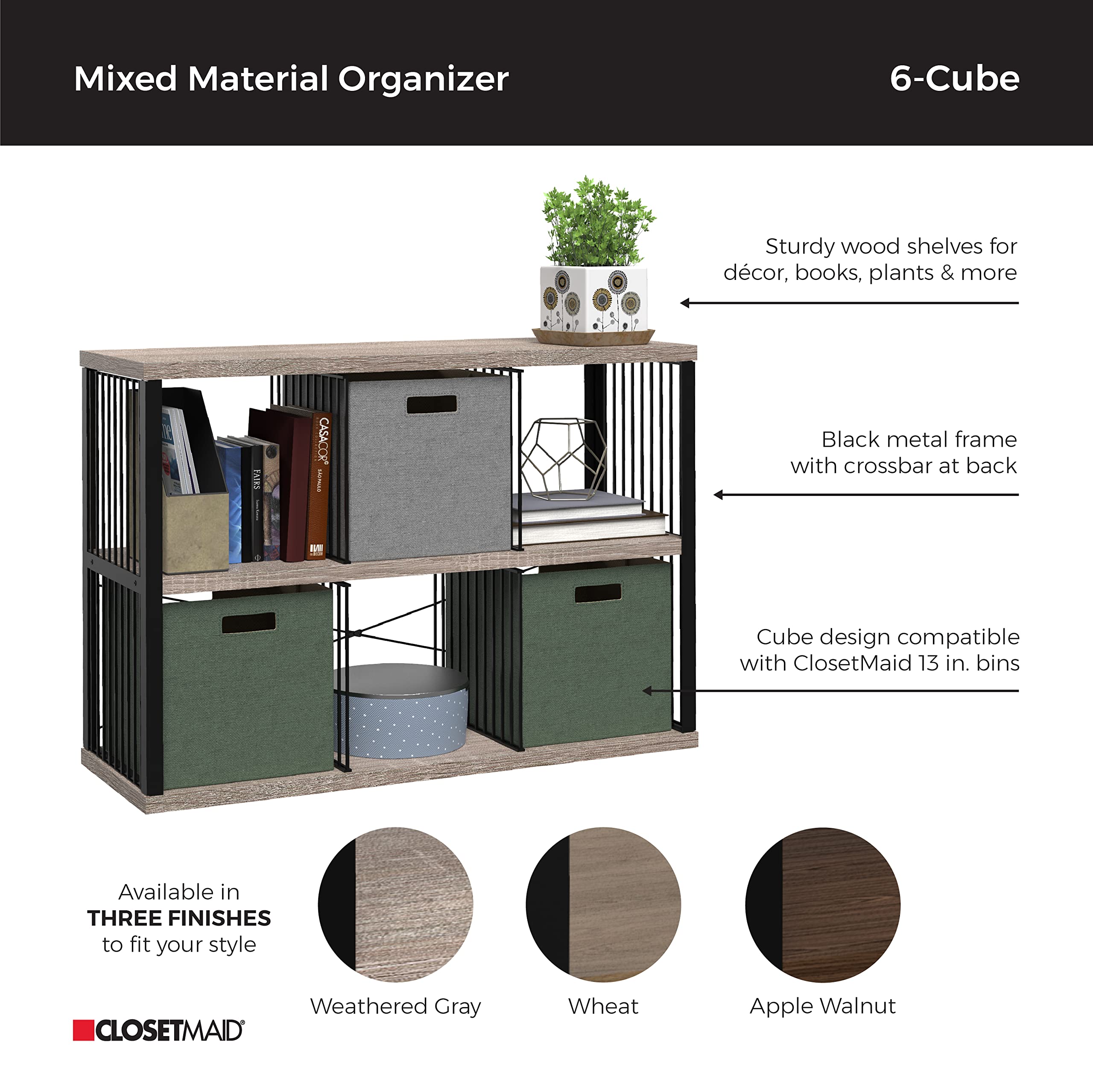 ClosetMaid 6-Cube Storage Organizer - Black/Weathered Gray Wooden Bookshelf with Metal Frame for Bedroom, Living Room & Office - Easy Assembly Storage Shelf for Books, Toys & Home Decor