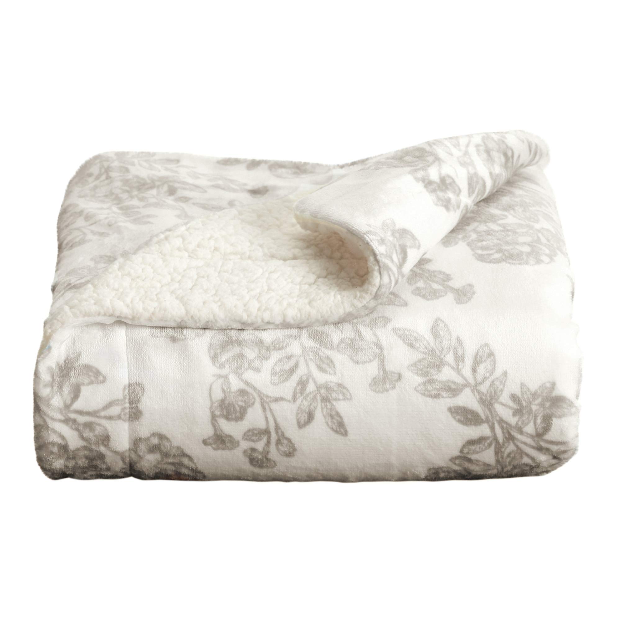 Sherpa Fleece & Velvet Plush Full/Queen Size Throw Blanket - Grey Toile Pattern | Ultra Soft & Warm Winter Blanket for Bed, Sofa & Couch | Cozy Home Decor for Fall & Winter | Great Bay Home Cielo Collection