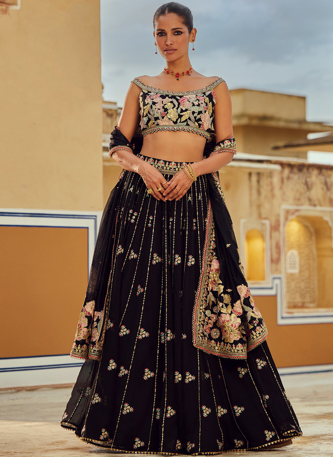 Elegant Black Embroidered Georgette Lehenga Choli Set for Women | Indian Wedding Party Dress | Perfect for Bridal, Festivals & Special Occasions