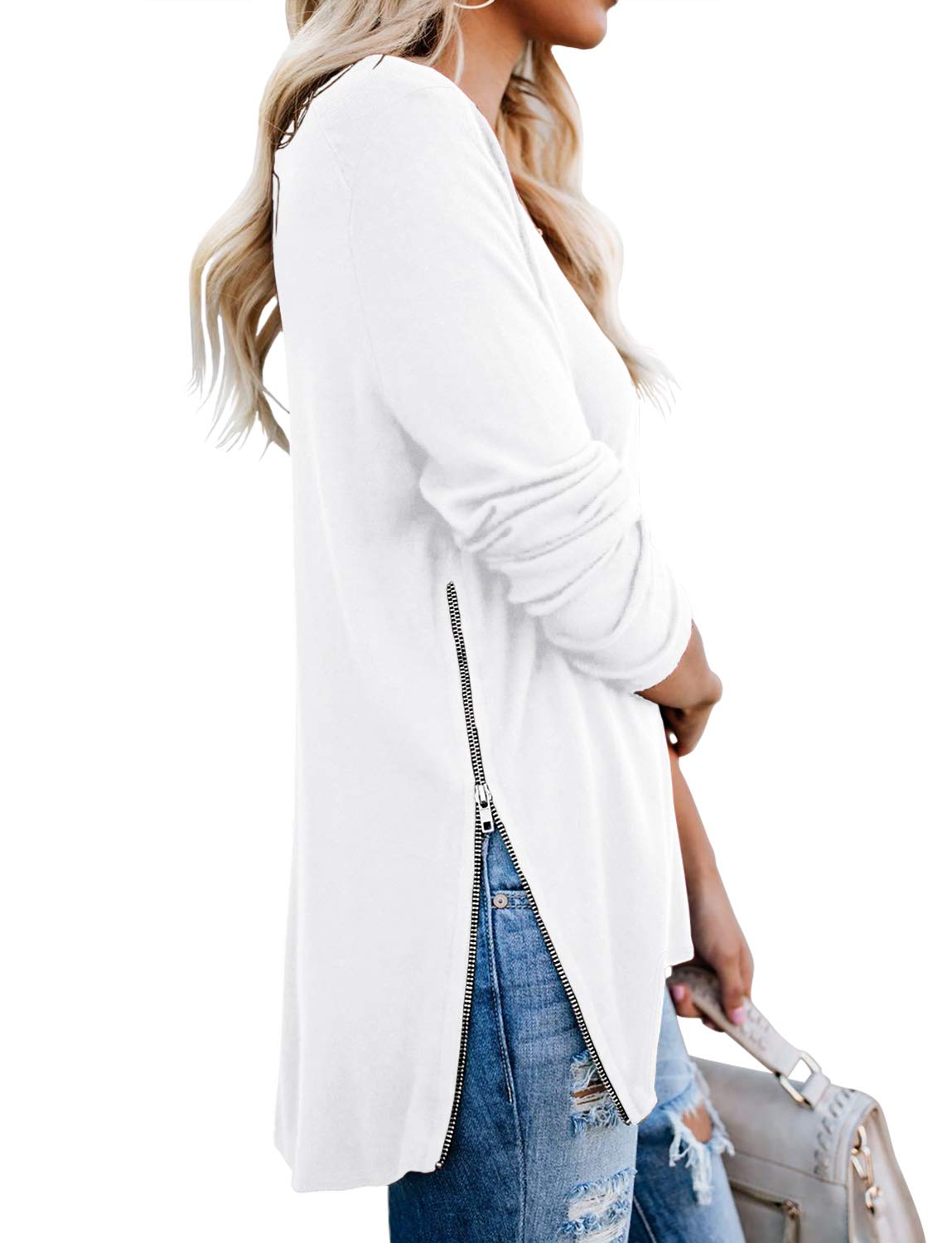 PrinStory Women's V-Neck Raglan Sweatshirt with Side Zipper - Casual Long Sleeve Top for Everyday Wear