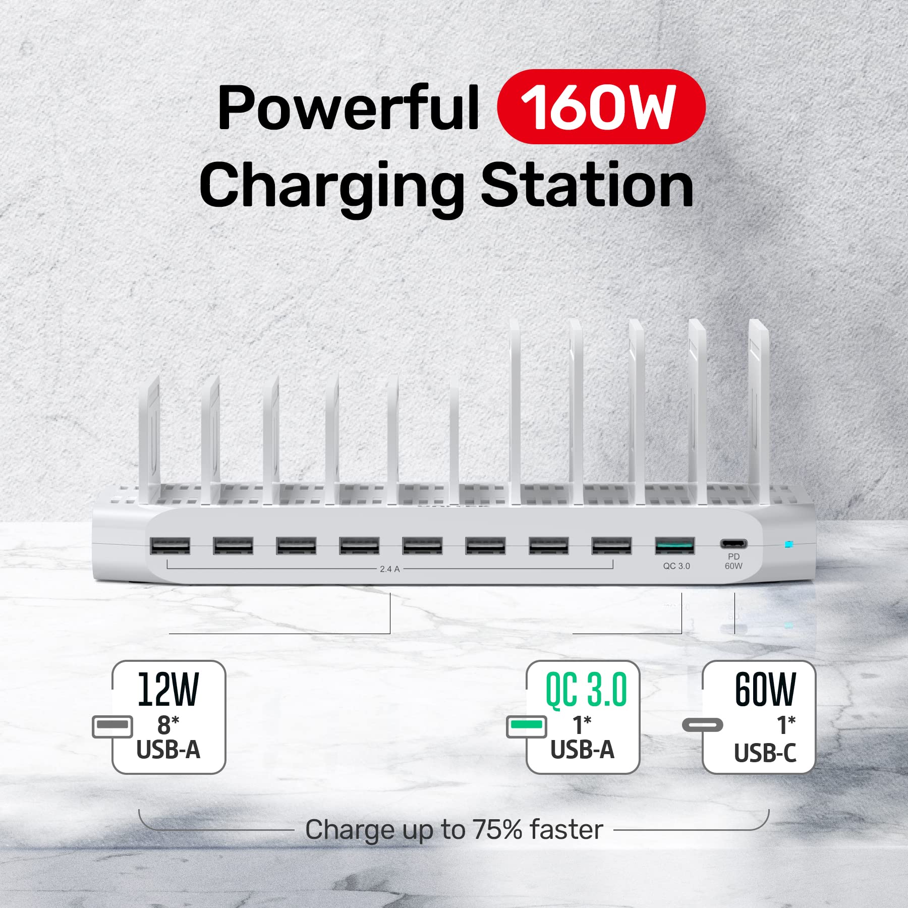 Unitek 160W 10-Port USB Fast Charging Station with 11 Adjustable Dividers - Perfect for Home, Office & Travel Multi-Device Charging