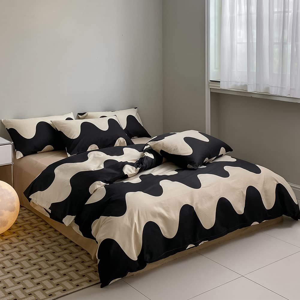 Modern Geometric Duvet Cover Set Twin - 100% Cotton Bedding with Cream White Black Cows Pattern - 3 Piece Comforter Cover for Single Bed | Perfect for Kids' Rooms, Guest Bedrooms & Contemporary Home Decor