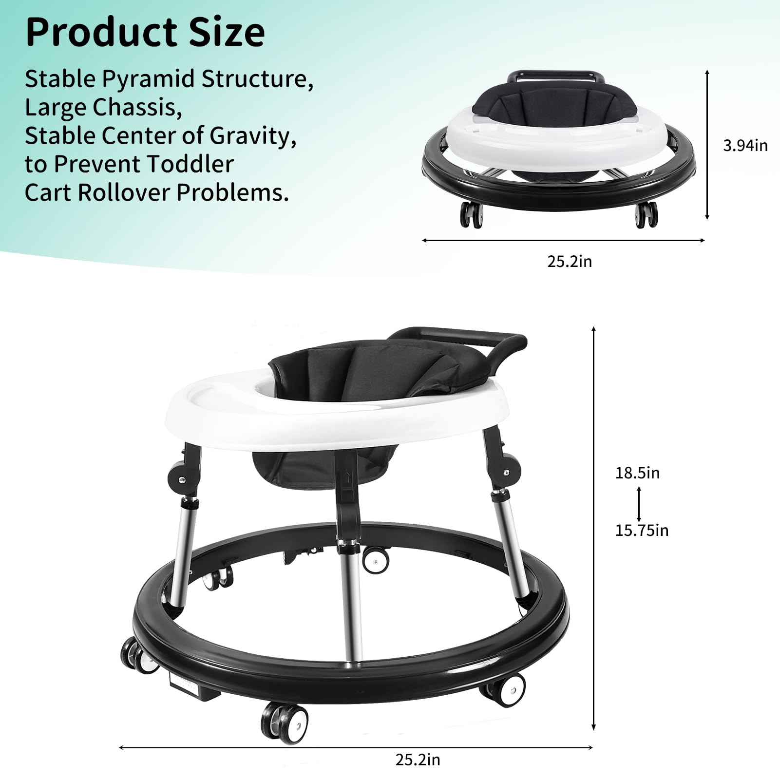 3-in-1 Foldable Baby Walker with Mute Wheels & Anti-Rollover Design - Adjustable 9-Gear Height for 6-18 Months Boys & Girls - Push Handle & Footrest Included - Perfect for Learning to Walk & Indoor Playtime