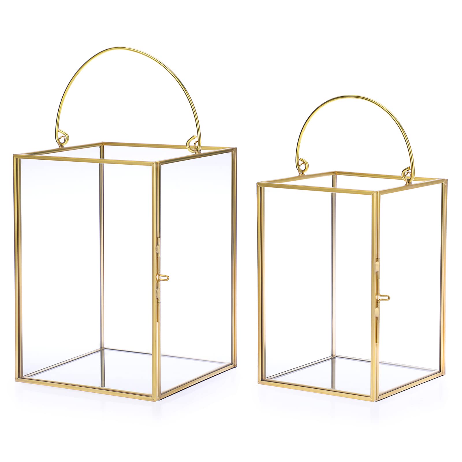 Set of 2 Gold Geometric Glass Hurricane Candle Holders with Metal Handles - Decorative Pillar Candle Stands for Wedding Centerpieces, Table Decor, Home & Garden Lighting, Romantic Dinner Ambience