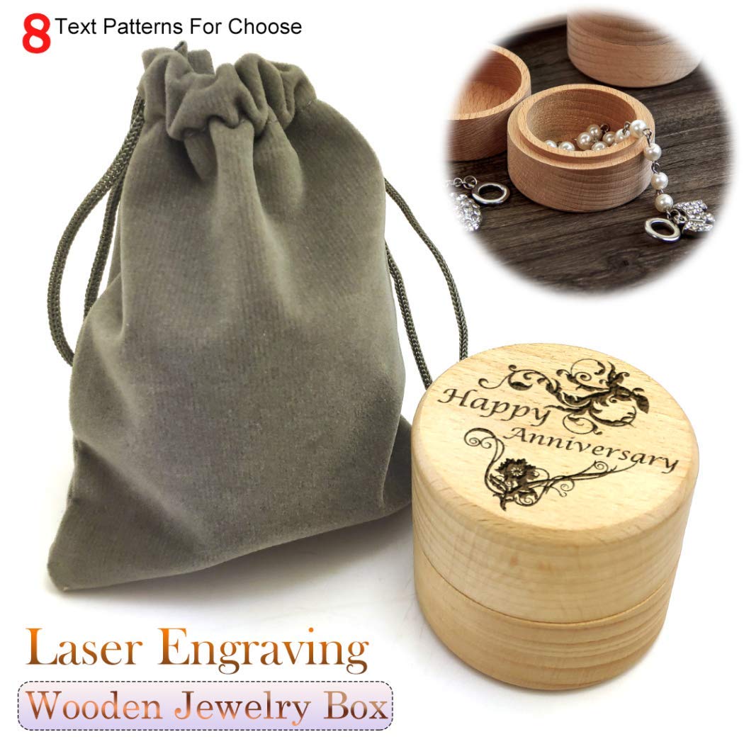 Laser Engraved Wooden Jewelry Box - Handcrafted Ring Necklace Earring Storage Case with Decorative Text Pattern - Perfect Gift for Women, Wedding, Anniversary & Memory Keepsake