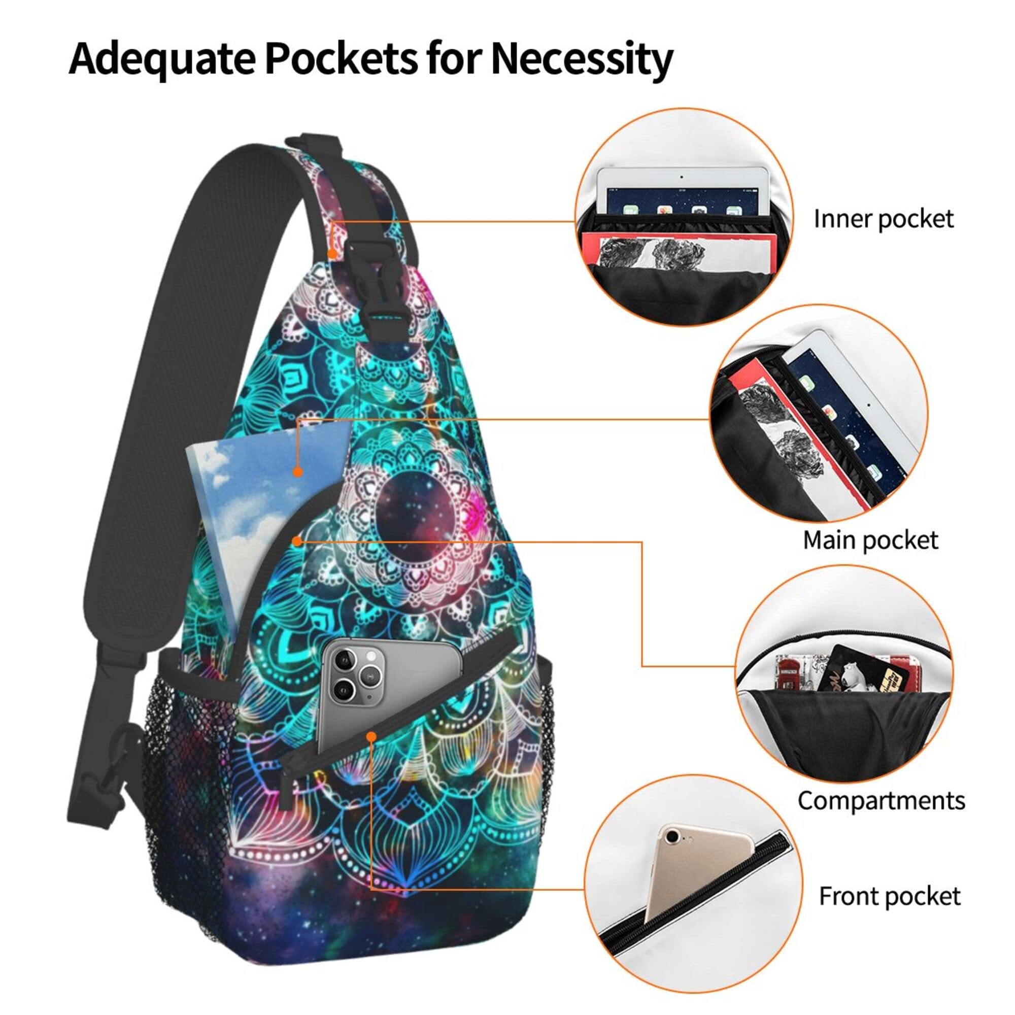 Unisex Sling Bag for Women & Men - Lightweight Crossbody Backpack for Hiking, Travel & Daily Use | Multipurpose Chest Shoulder Bag with Galaxy Mandala Design | Perfect for Outdoor Adventures, Commuting & Casual Wear