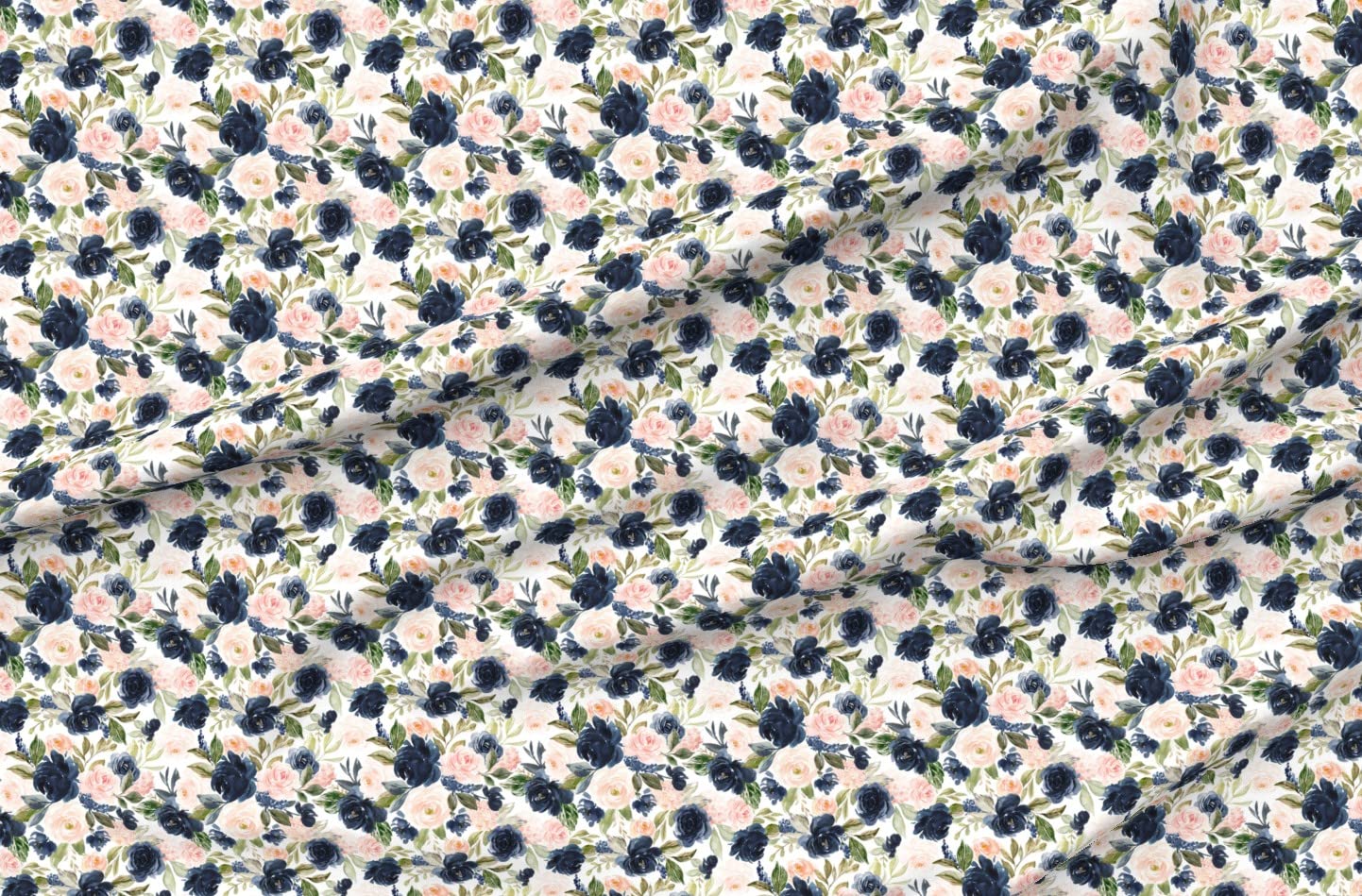 Beach Blossoms Floral Printed Denim Fabric by The Yard - White Flowers Rose Navy Spring Roses Blush Design for Apparel, Home Decor & Upholstery | Perfect for DIY Dresses, Curtains & Throw Pillows