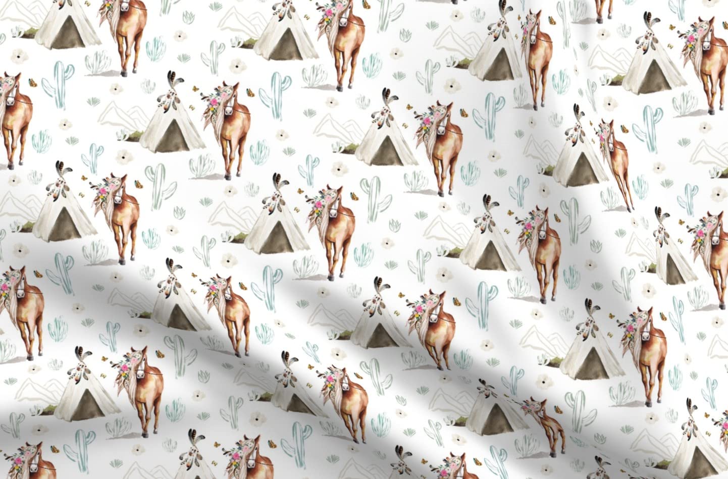 Spring Boho Floral Horse Pony Teepee Dreamcatcher Feathers Printed Chiffon Fabric - Fat Quarter for Sewing Dresses, Fashion Apparel & Boho Home Decor | DIY Crafts, Bohemian Clothing & Nursery Decor