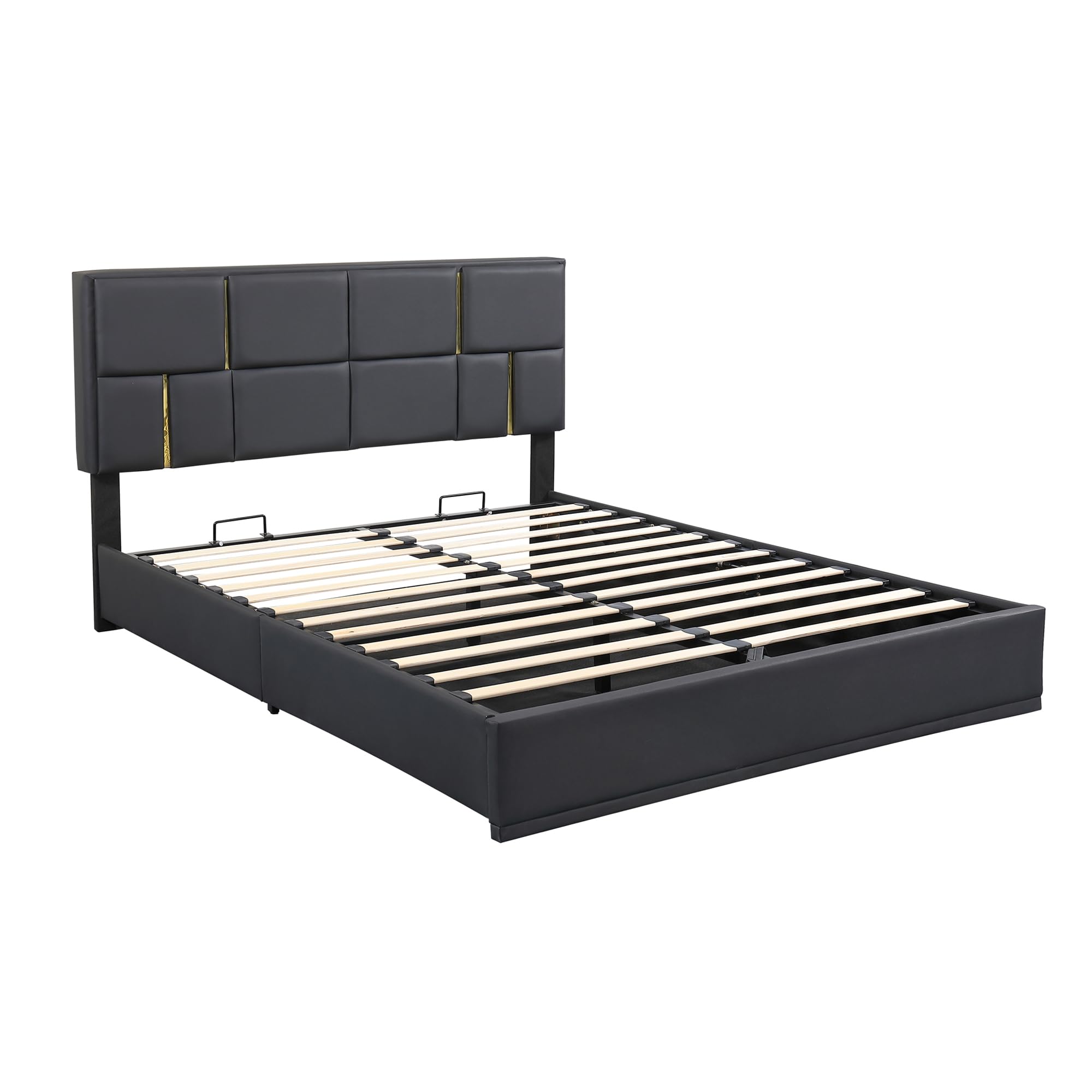 Queen Size 2-Piece Bedroom Set - PU Upholstered Platform Bed with Hydraulic Storage & Matching Ottoman - Wood Frame with Metal Legs for Kids, Teens & Adults - Perfect for Small Spaces & Guest Rooms (Black)