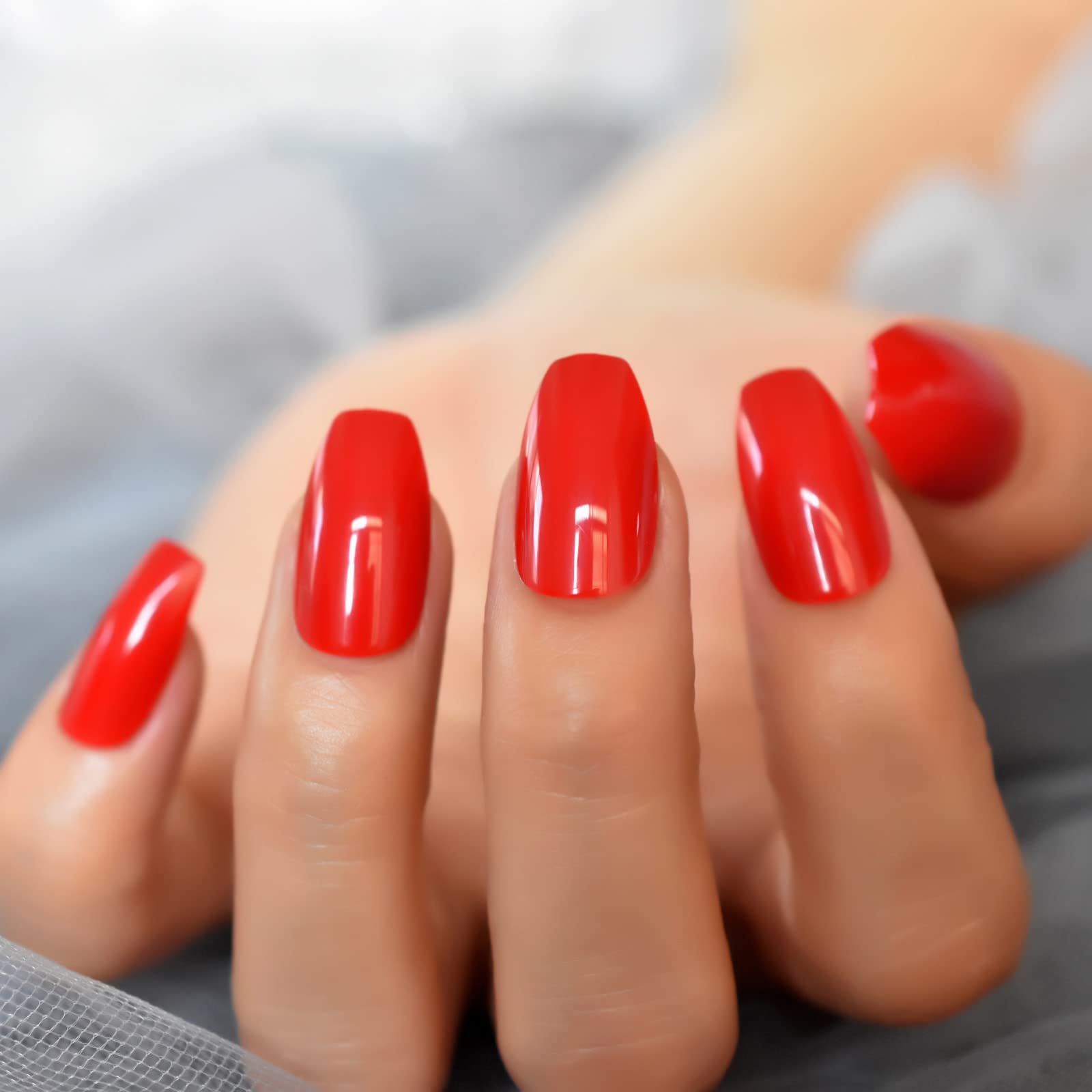 Glossy Red Press On Nails - Medium Coffin Shape Fake Nails with Full Cover Gel Tips - Ballet Nail Art for Women - Perfect for Parties, Weddings & Special Occasions