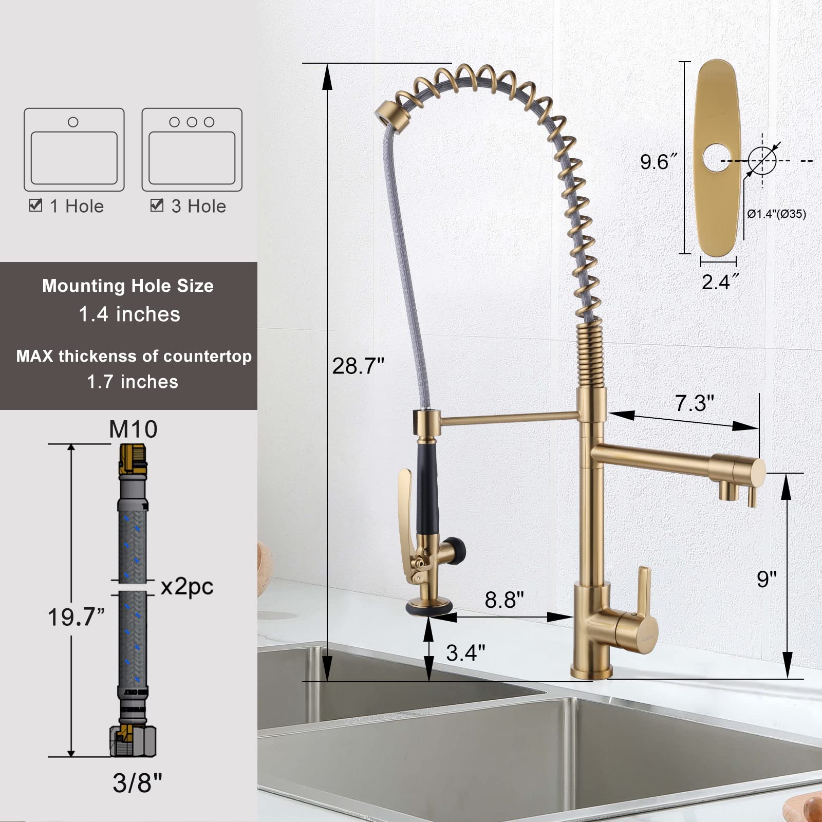 Commercial Grade Brushed Brass Kitchen Faucet with Pre-Rinse Sprayer - Heavy Duty Restaurant Sink Faucet for 1 or 3 Hole Installation (Includes Deck Plate) - Perfect for High-Traffic Kitchens, Outdoor Bars & Food Service Areas