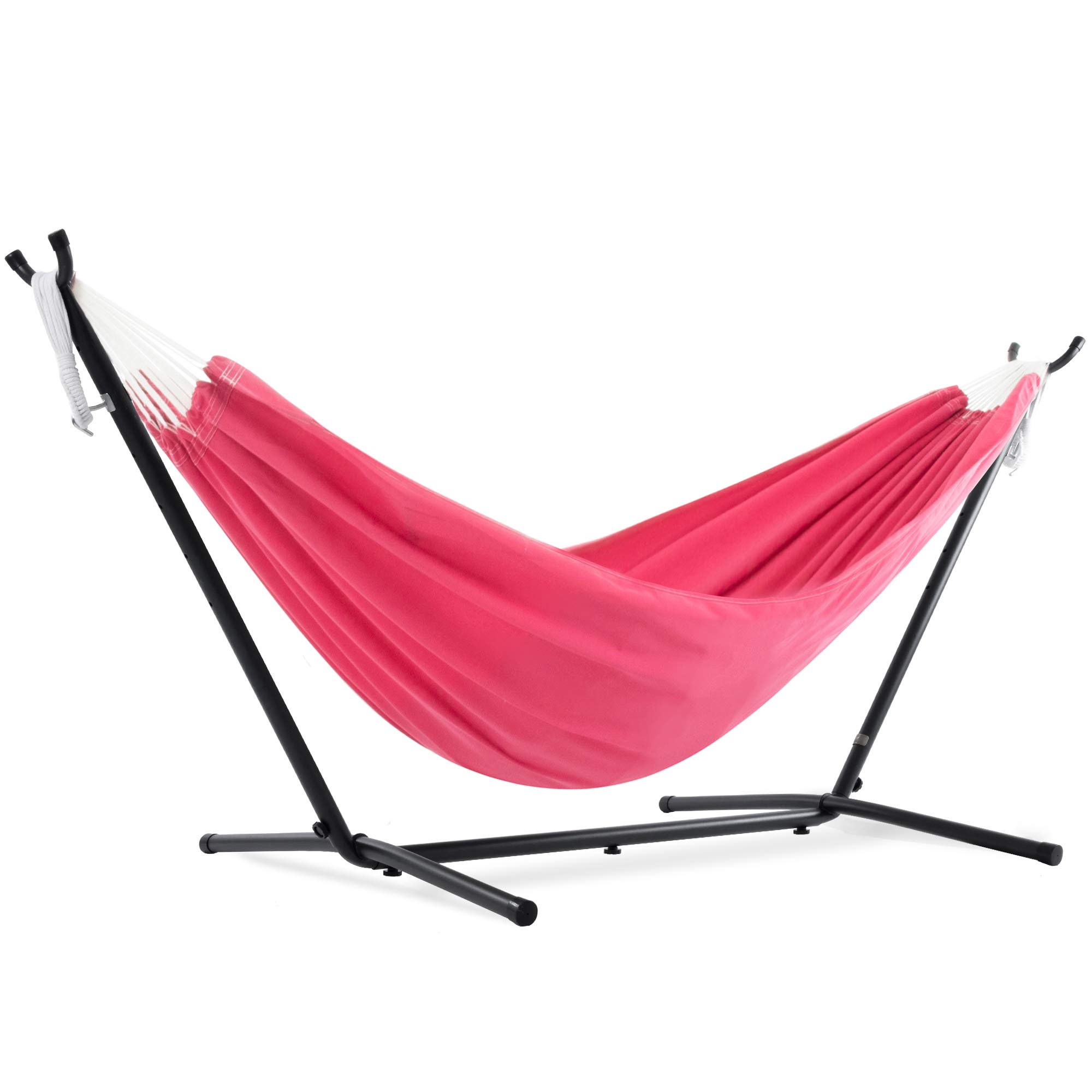 Vivere Double Hammock with Space-Saving Steel Stand & Carry Bag - 450 lb Weight Capacity, Hot Pink - Perfect for Backyard Relaxation, Camping & Beach Trips