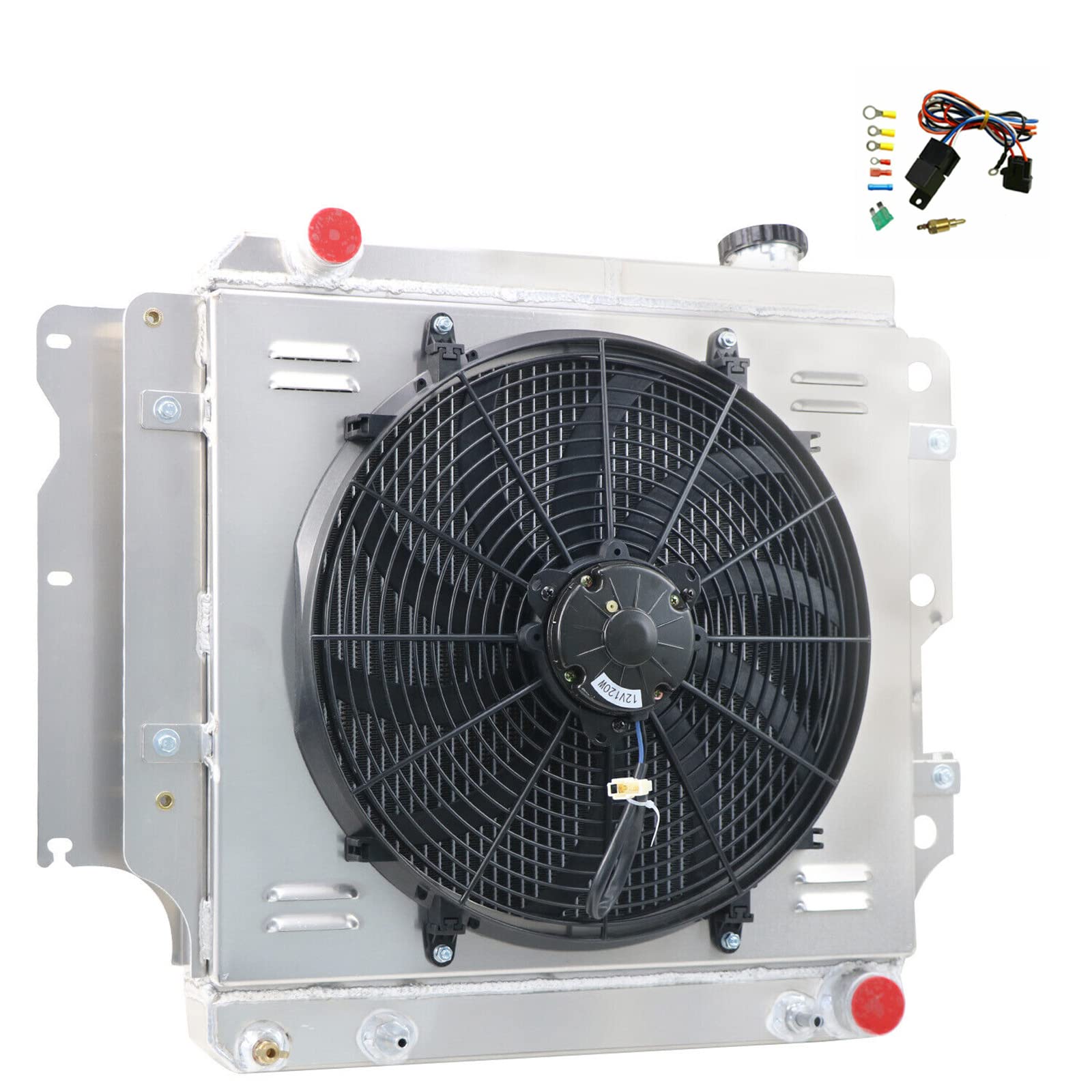 4-Row Aluminum Radiator with Dual Electric Fans & Thermostat - Compatible with 1987-2006 Jeep Wrangler TJ/YJ & GM Chevy V8 (1988-2004) - Perfect for Off-Roading, Overheating Solutions & Engine Cooling Upgrades
