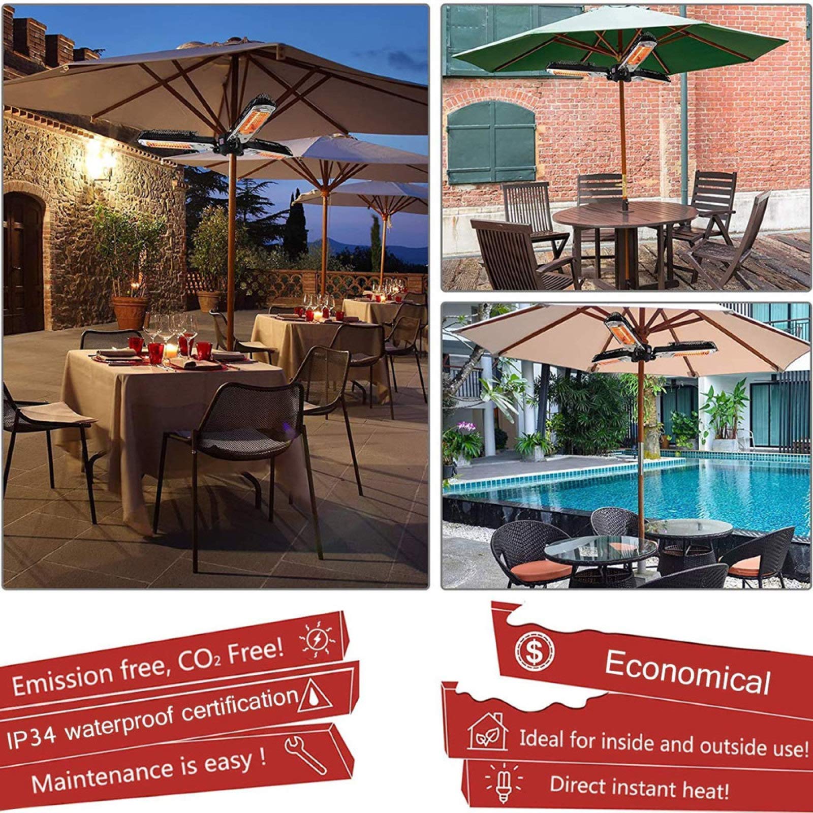 Electric Patio Umbrella Heater - Outdoor Waterproof IP34 Height Adjustable with 3 Power Settings & Heating Panels (1500W) - Ideal for Gardens, Patios, Restaurants & Outdoor Gatherings