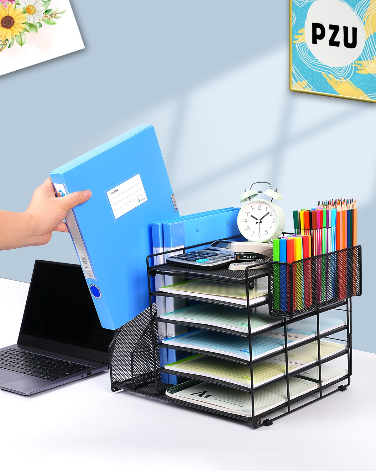 6-Tier Mesh File Organizer for Desk - Paper Tray with File & Pen Holder, Black Office Desk Accessories | Perfect for Workspace Organization & Document Management