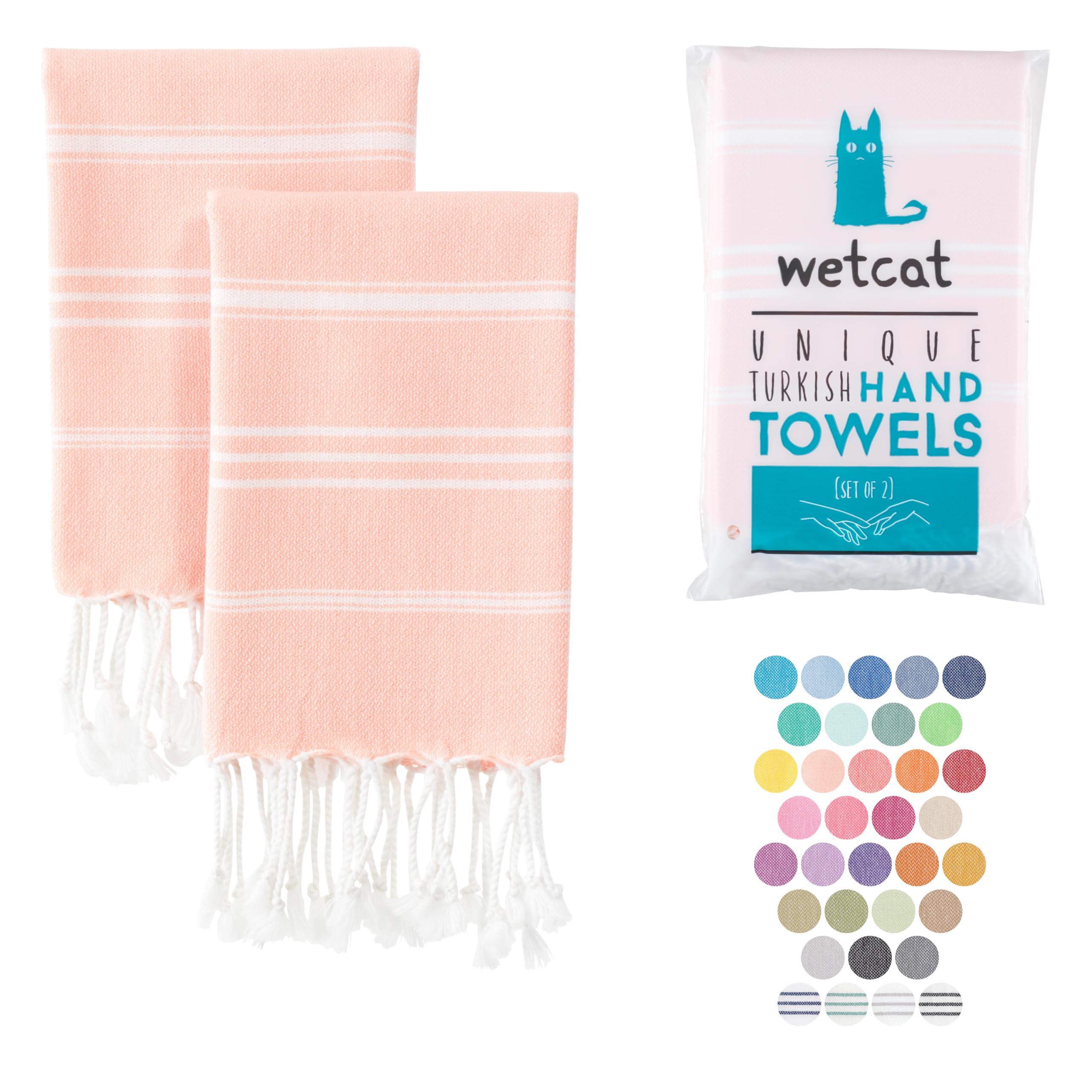 Premium WETCAT Turkish Hand Towels Set of 2 - 100% Turkish Cotton, Pre-Washed & Quick Dry (20