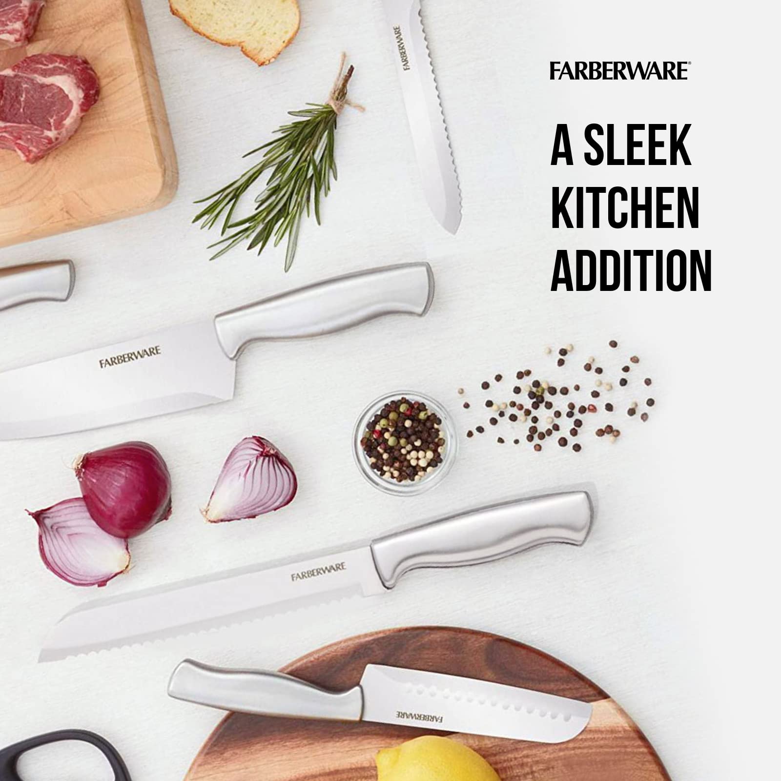 Farberware Edgekeeper 16-Piece Stainless Steel Knife Block Set with Built-in Sharpener - High Carbon Kitchen Knives for Professional Chefs & Home Cooking - Perfect for Slicing, Dicing & Food Prep