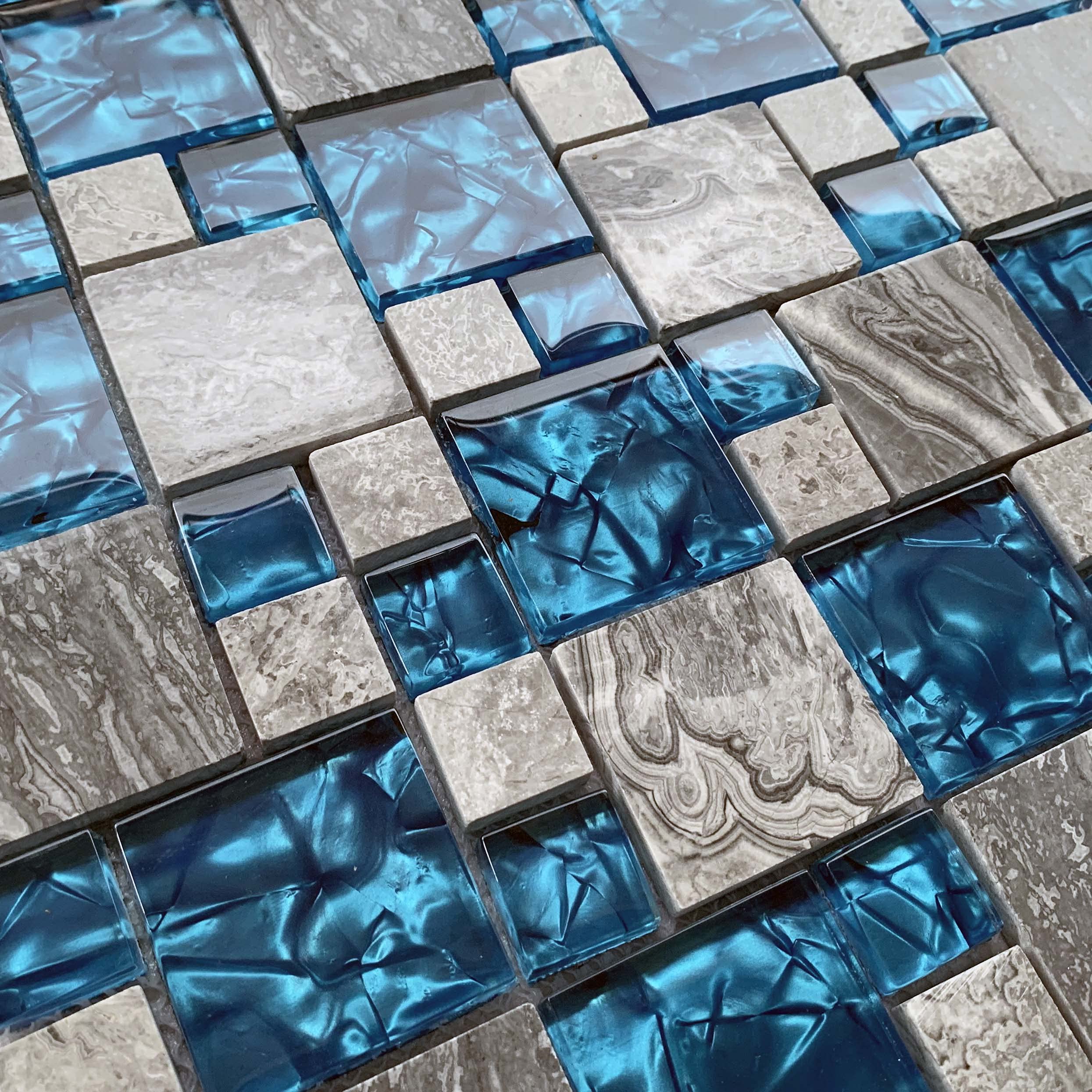 Polished Gray Marble Backsplash Tile with Teal Blue Glass Mosaic - Versailles Pattern for Kitchen, Bathroom, Shower Wall & Fireplace Decor (5 Sq Ft) - Waterproof & Heat Resistant for Stylish Home Renovation
