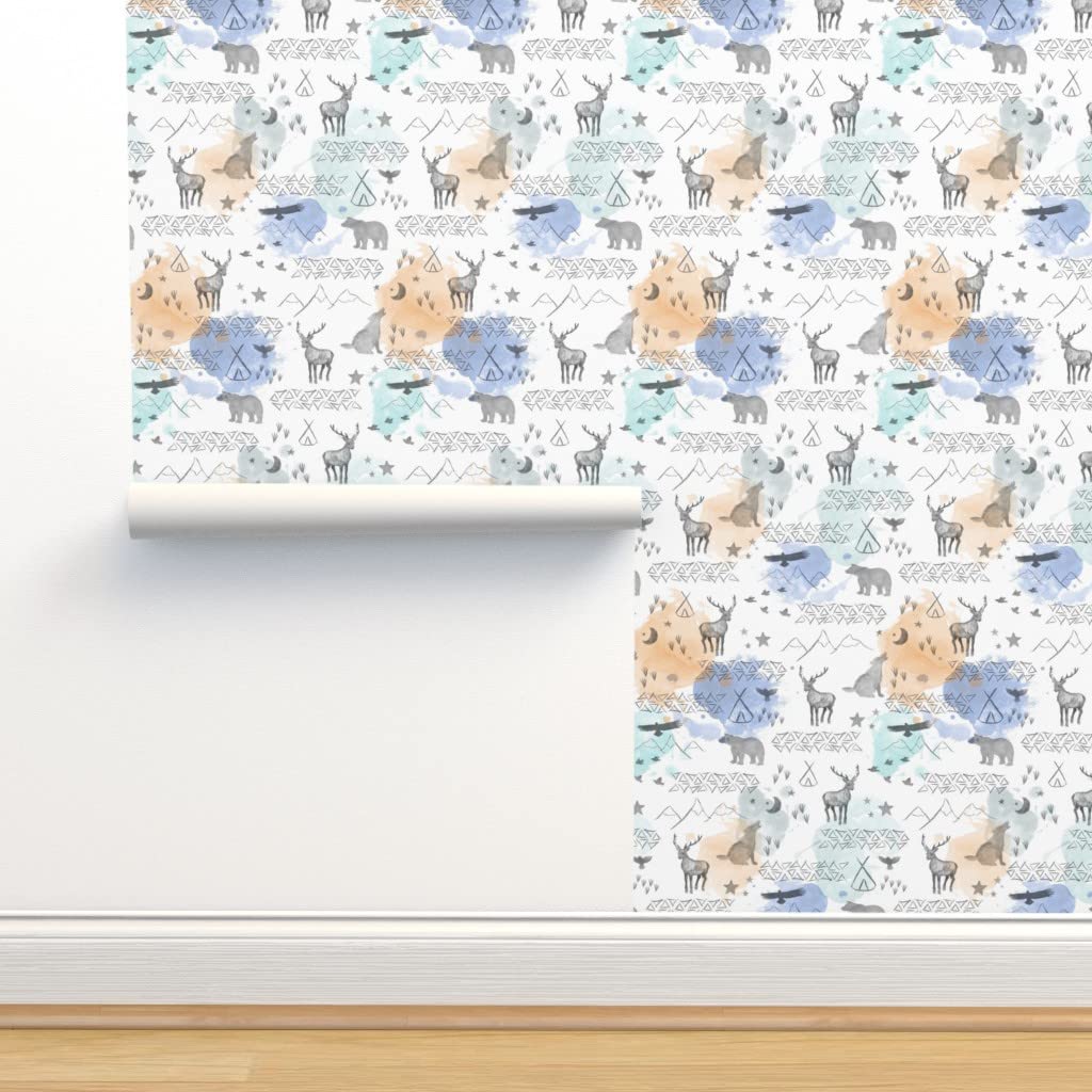 Removable Wallpaper Swatch - Watercolor Woodland Orange Blue Navy Boho Antlers Triangles Custom Pre-Pasted Wallpaper by Spoonflower | Perfect for Nursery, Bedroom, Office & Home Decor