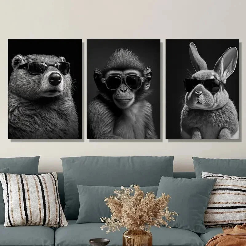 3-Piece Animal Art Prints - Beaver, Monkey & Rabbit Metal Wall Decor - Ready to Hang - Perfect for Living Room, Bedroom & Office Decor