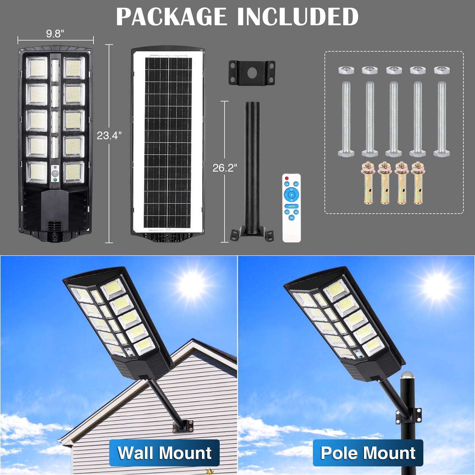 ZJOJO 3800W Solar Street Light Outdoor Waterproof - 30000LM 1160 LEDs Solar Lights for Outside, Dusk to Dawn Sensor - 9000K LED Parking Lot Light Solar Powered Flood Lights with Motion Sensor for Yard, Garden, Driveway & Pathway Lighting