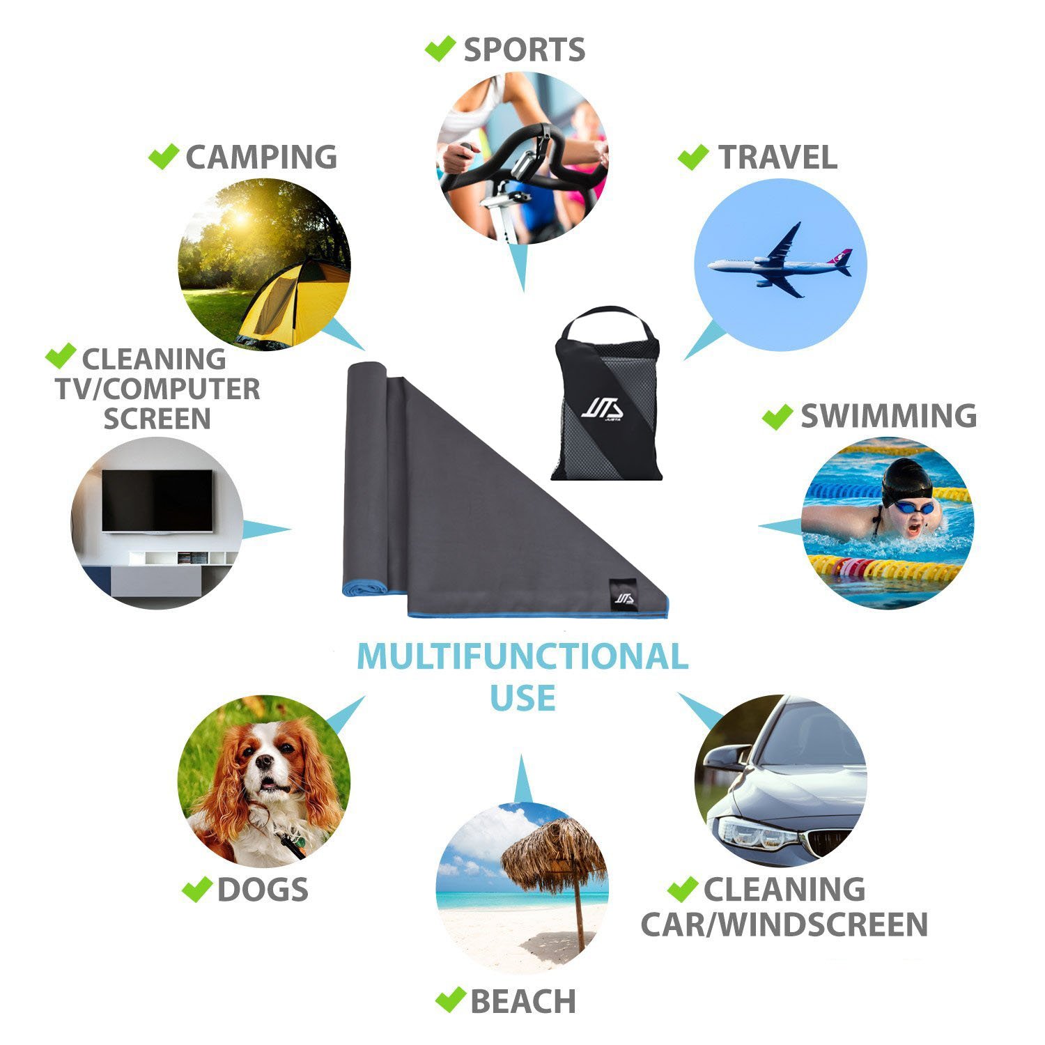 JUSTA - Premium Sports & Travel Towel - Ultra Absorbent, Quick Dry Microfiber - Ideal for Gym, Camping, Beach, Pool & Travel Accessories - Perfect Workout, Yoga, Swimming & Outdoor Activities Towel