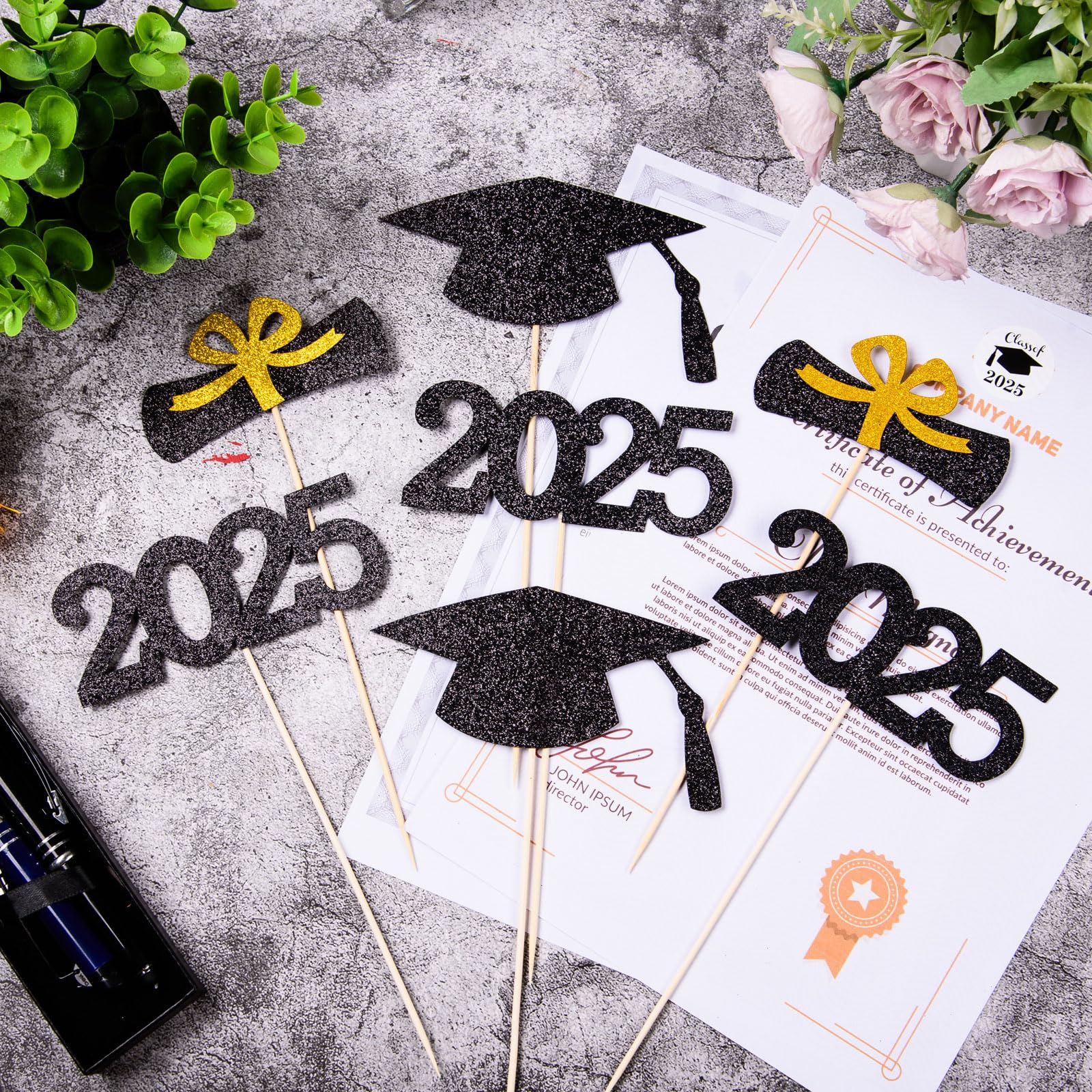 12-Piece Glitter Graduation Centerpiece Sticks - Class of 2025 Cake Toppers & Floral Picks for High School & College Graduation Parties (Black) | Perfect for Graduation Decorations, Table Centerpieces, and Photo Backdrops