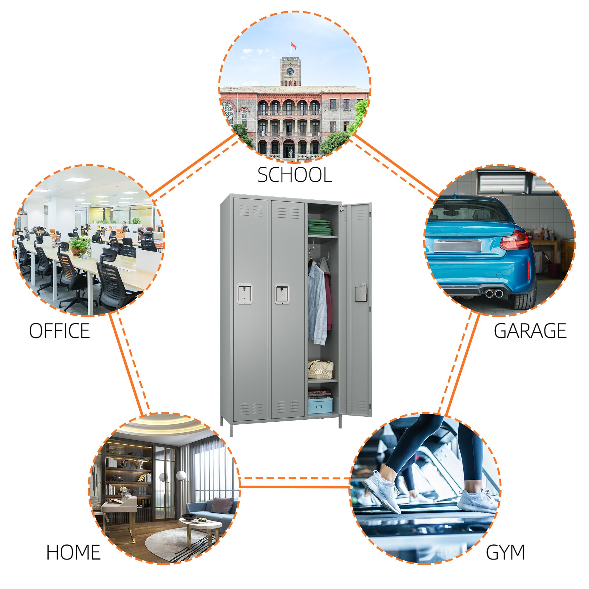 3-Door Metal Storage Locker with Hooks - Light Gray Employee Locker for School, Hospital, Gym, Home Office & Garage - Easy Assembly | Perfect for Employee Storage, Sports Equipment & Organization