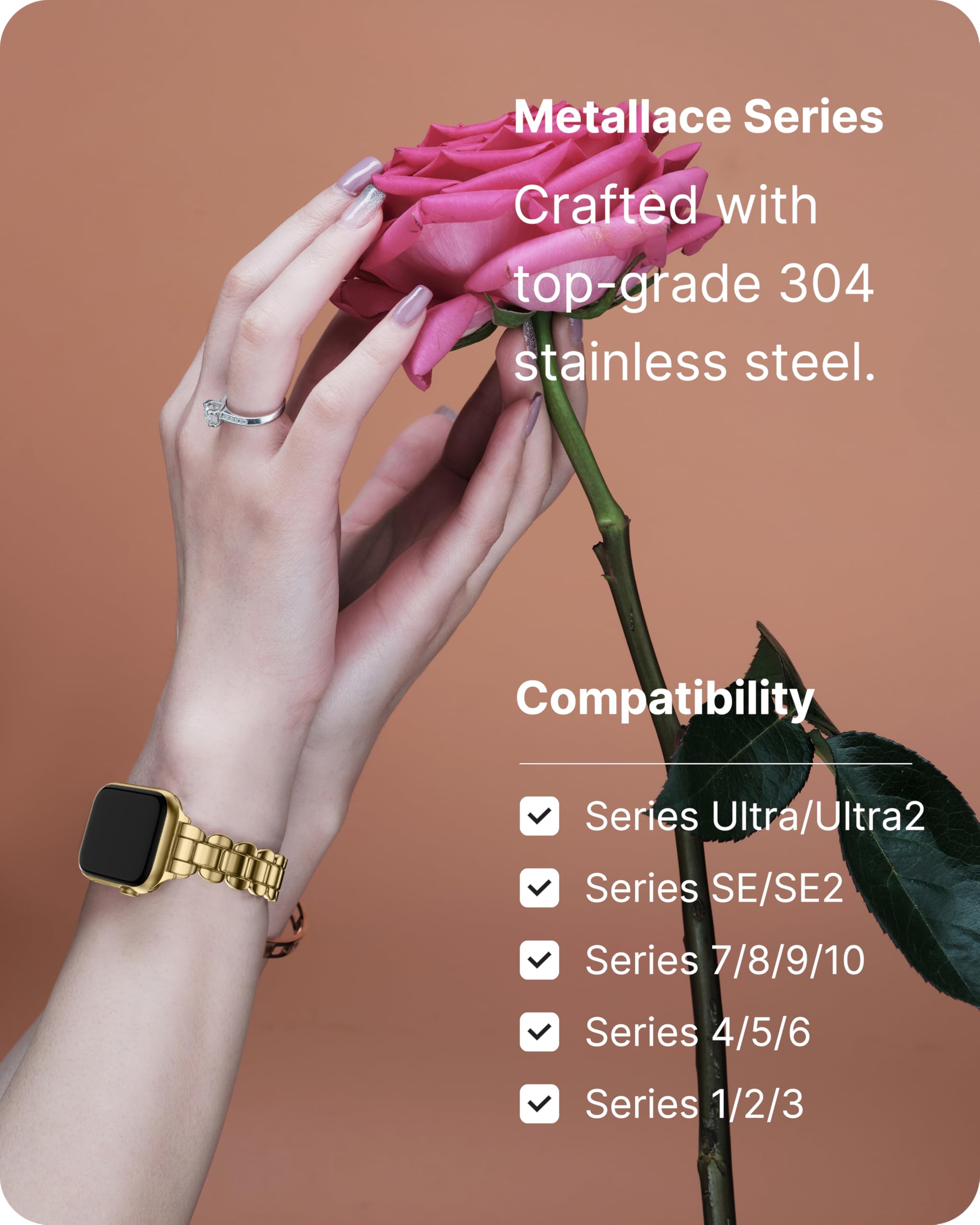 Fullmosa Stainless Steel Metal Band for Apple Watch Series 10 42mm, Series 9/8/7 41mm, SE2/SE/6/5/4 40mm, Series 3/2/1 38mm - Gold Women's Smartwatch Strap for Workout, Office & Everyday Wear